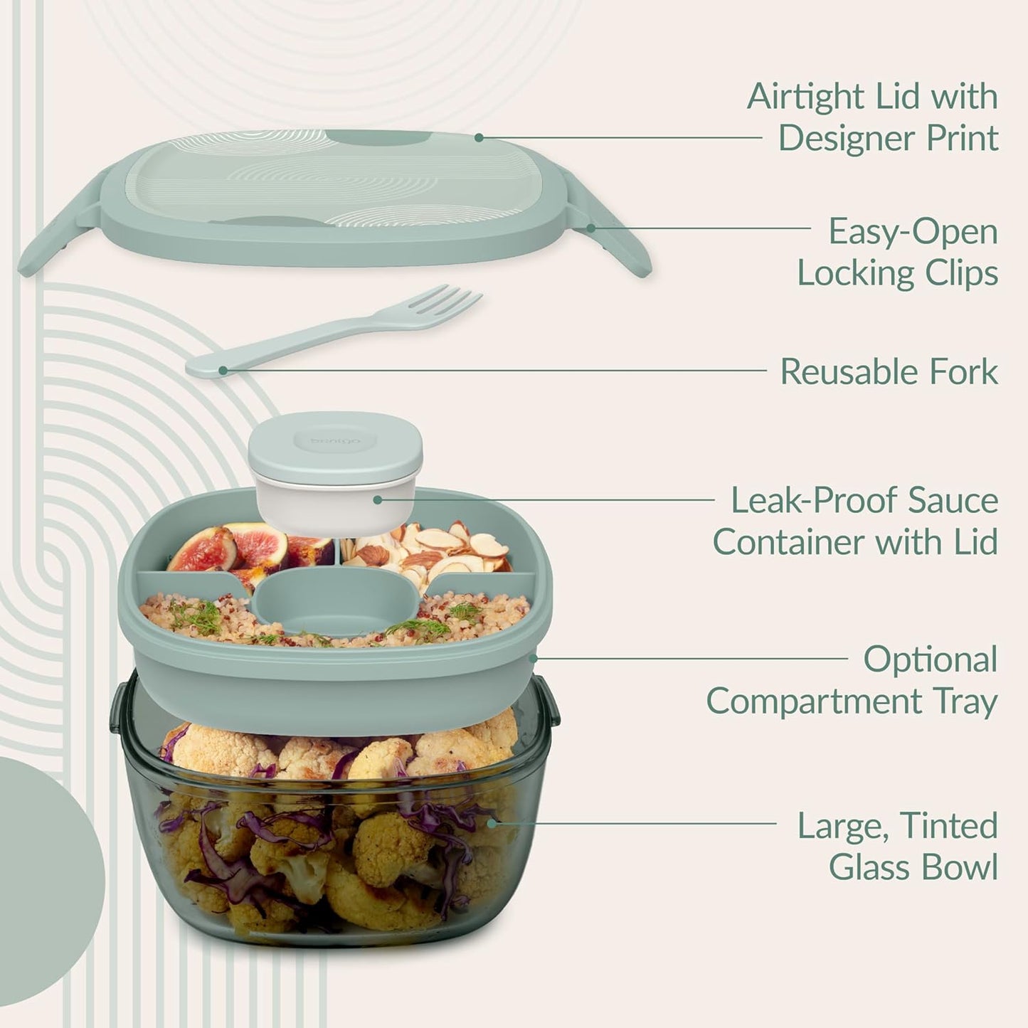 Bentgo Glass Prints All-in-One Salad Container - 61oz Tinted Glass Salad Bowl with Lid, Bento-Style Tray, Sauce Container, & Reusable Fork - Dishwasher & Microwave Safe (Mod Curve - Serene Green)