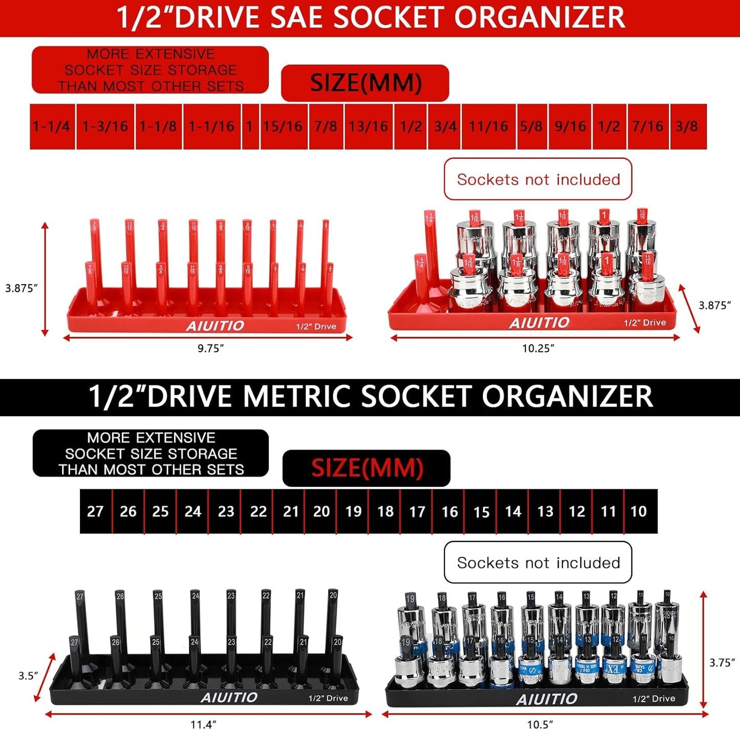 8 Piece Metric & SAE Socket Organizer Tray Set, 1/4-Inch, 3/8-Inch & 1/2-Inch Drive Standard & Deep Socket Holders for Toolboxes, Store 176 Sockets