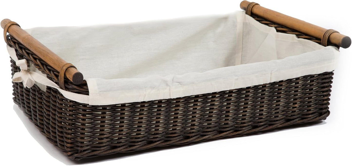 The Basket Lady Low Pole Handle Wicker Storage Basket, Small, 15 in L x 9 in W x 5 in H, Antique Walnut Brown