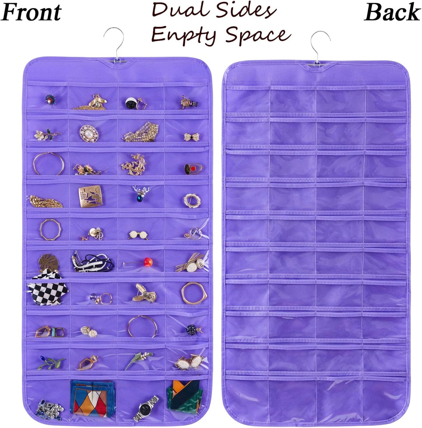 Bloss Hanging Jewelry Organizer, 80 Pockets Dual Sides Wall Jewelry Organizer Storage Dorm Room Essentials for Girls Necklace Organize And Earring Holder Hang on Closet/Door (Purple)