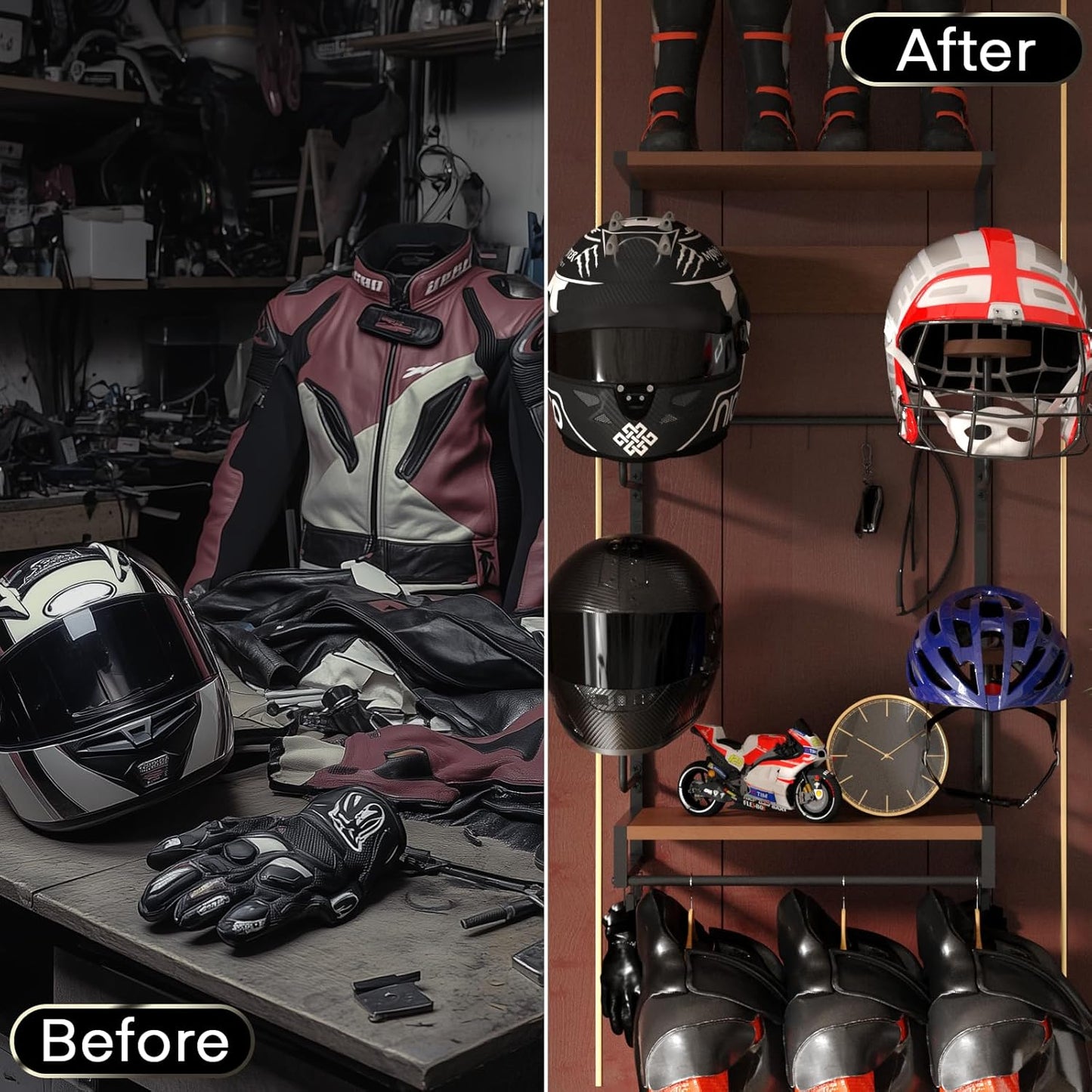 Motorcycle Helmet Holder Wall Mount, Rustic Helmet Rack With 4 Hat Stands and 2 Wooden Shelves, Motor Gear Accessories Storage for Men, 4 Clips, 5 Hooks for Glove Key Jacket Hanging