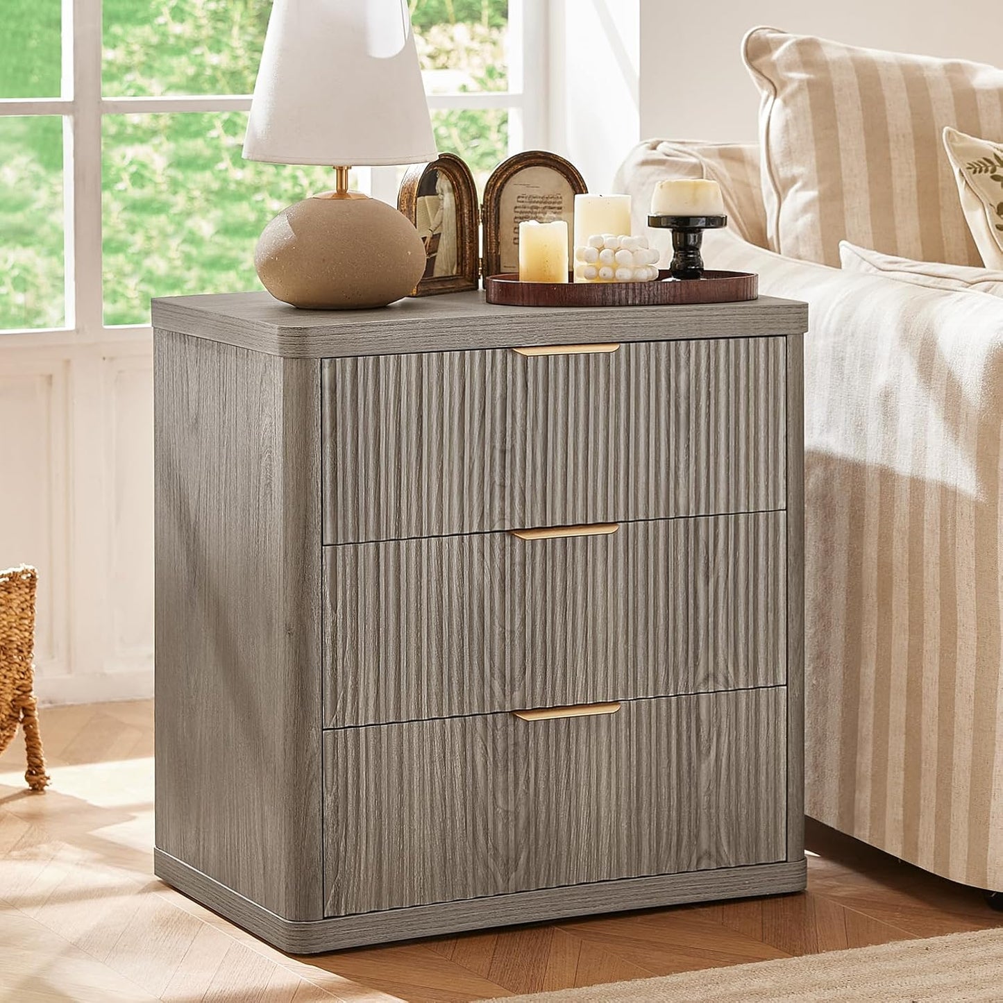 LEYAOYAO 23" Wide Fluted Night Stand with Charging Station,3 Drawers Large End Table with Storage,Grey Nightstand Wood Bedside Tables, Farmhouse Cabinet Dresser for Bedroom,Closet