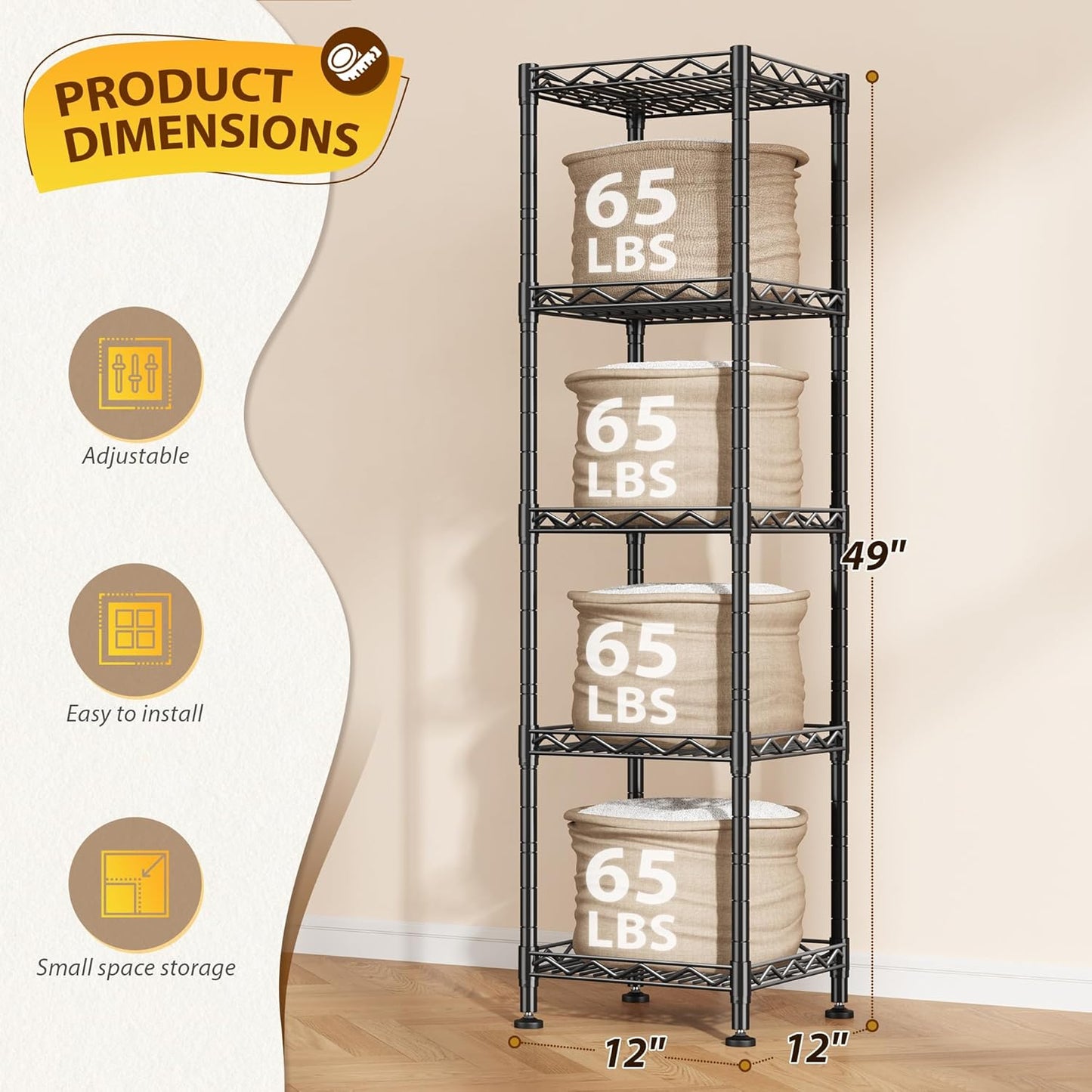 5 Tier Metal Shelving Unit Wire Shelves Storage Rack:Adjustable Storage Shelves Standing Bathroom Shelf and Narrow Shelf for Laundry Dorm Kitchen Pantry Closet Office 12''Wx12''Dx49''H Black