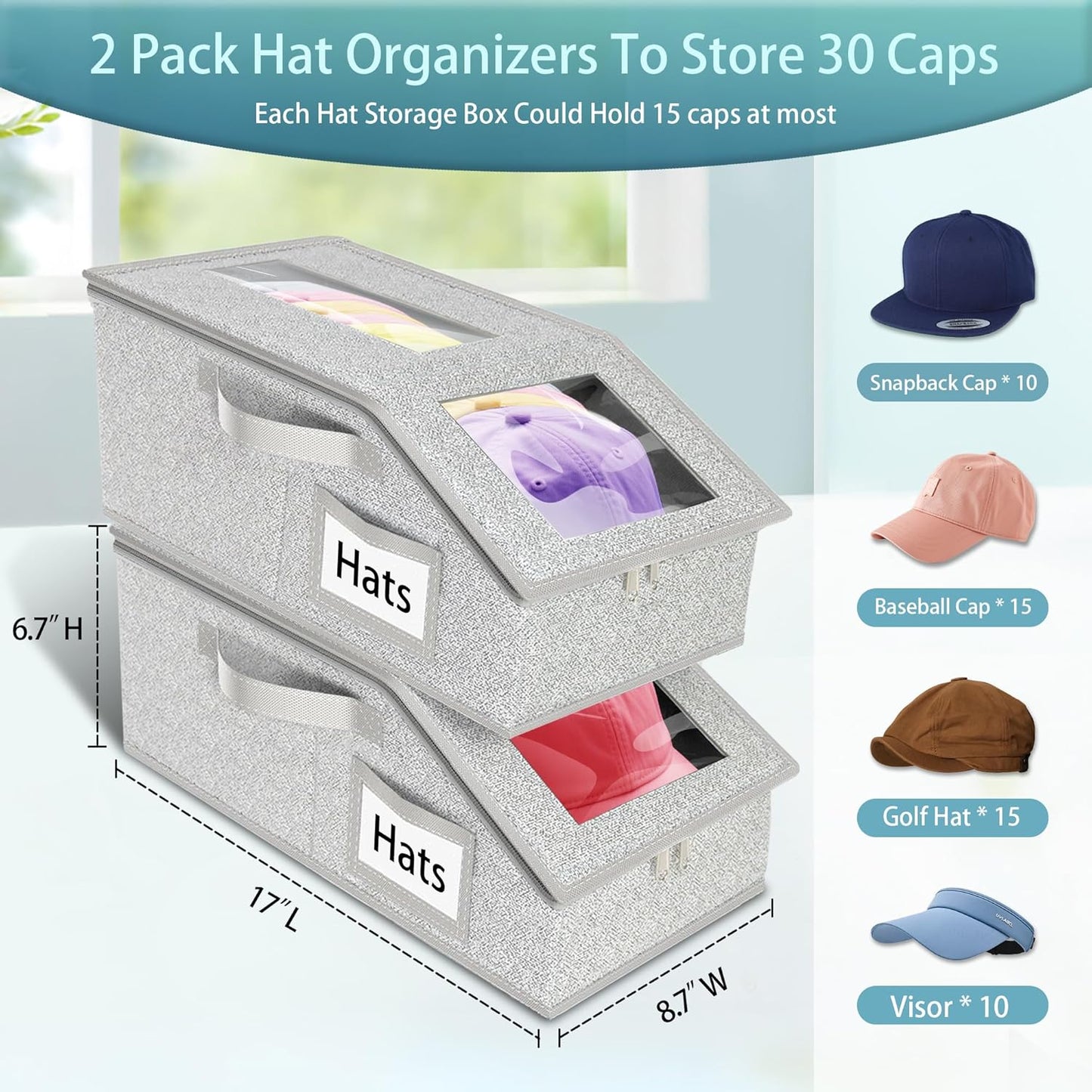 Stackable Hat Storage for Baseball Caps, 2 PCS Hat Storage Boxes for Closet, Holds up to 30 Caps with Cardboard, Hat Organizer for Women & Men(Two Clear Window) (Grey)