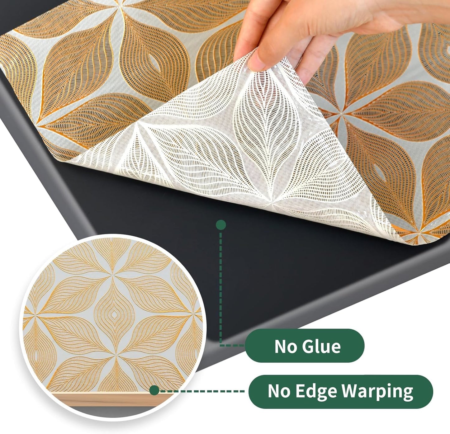 3D Drawer and Shelf Liner for Kitchen Cabinet: 12 in X 30 Ft Waterproof Shelf Paper Non Adhesive Refrigerator Liners Golden Leaf Easy Liners for Bathroom with Knife Tape Measure