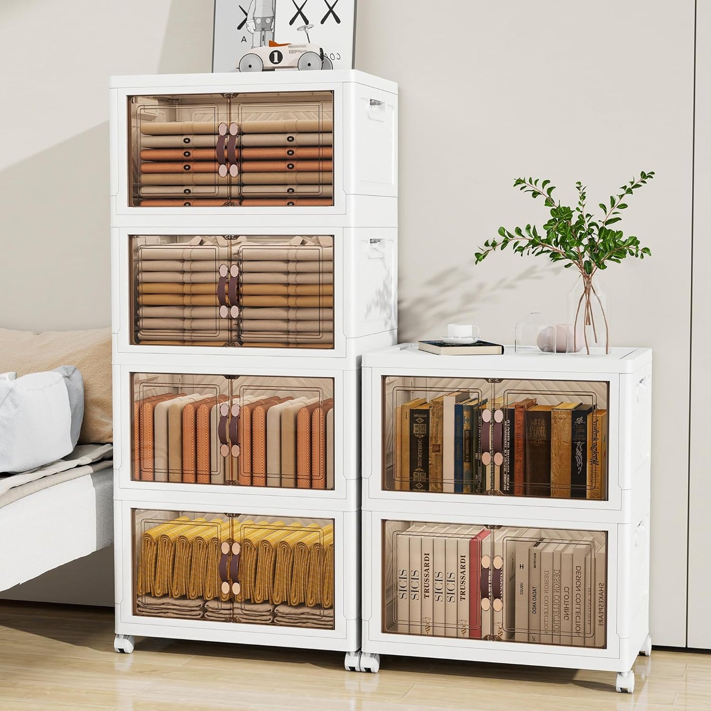 Storage Bins with 2 Lids and Wheels, Collapsible Bathroom Storage Cabinet with Clear Doors, Plastic Stackable Closet Organizers and Storage Containers White 597 QT