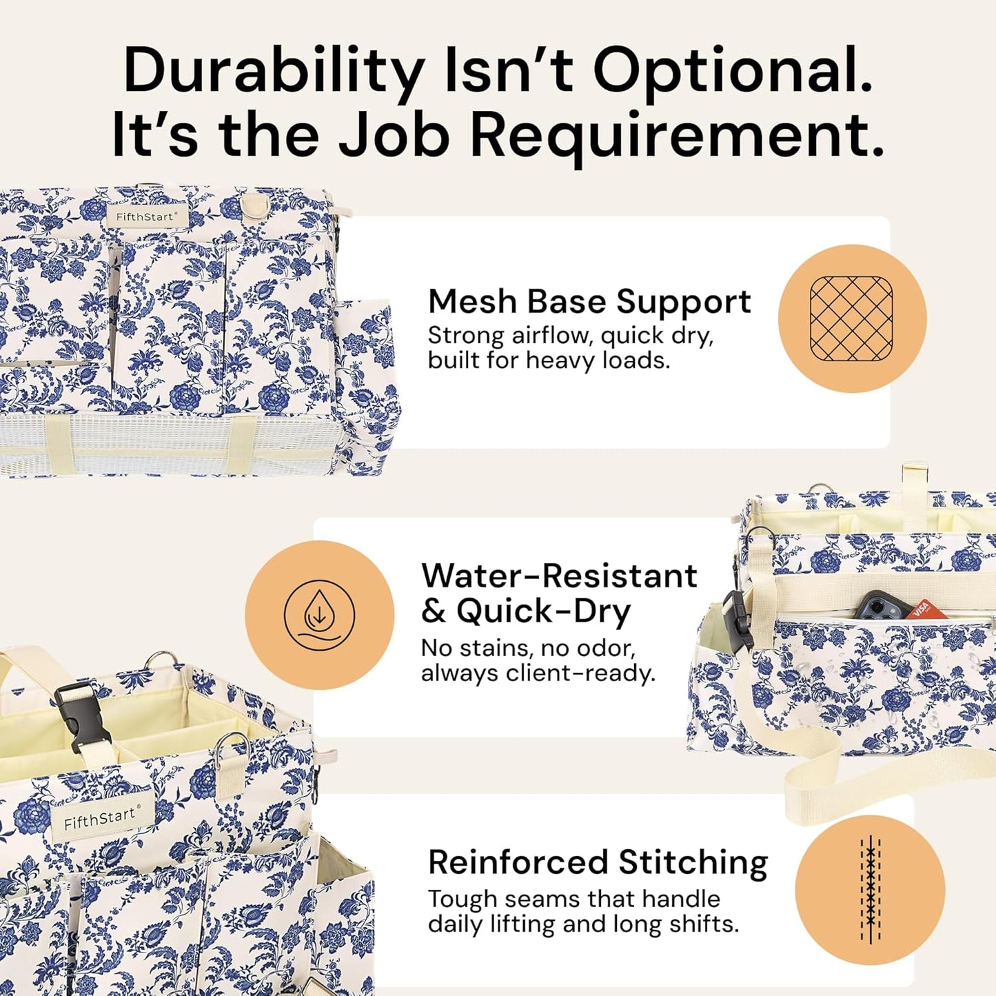 FifthStart Multiuse Large Blue Floral Diaper Caddy with Waist, Shoulder Strap, 9 Pockets, Mesh Base, and Adjustable Compartments