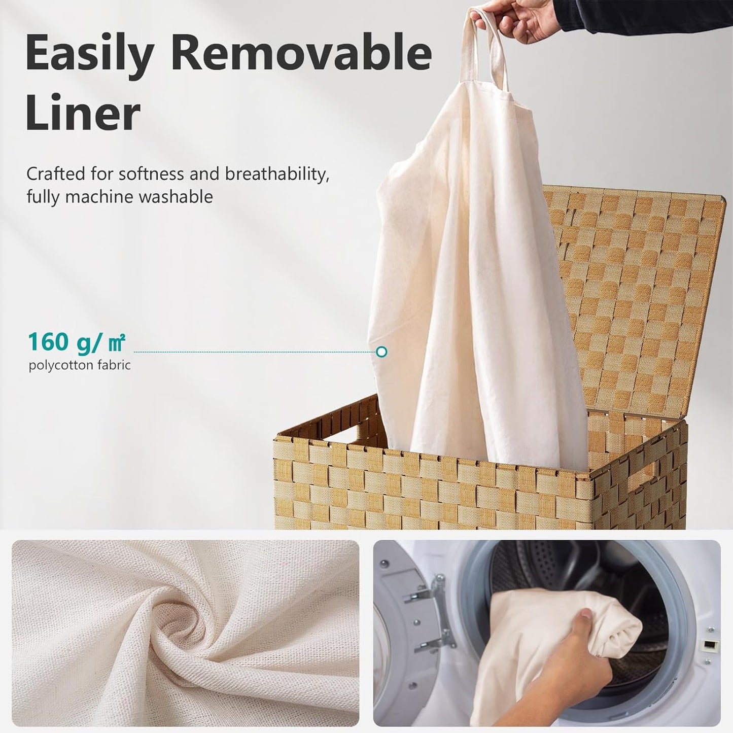 Foldable Laundry Hamper Basket with Lid by Fiona's magic, Handwoven 96L Large Clothes Hamper with Removable Liner Bags, Collapsible Tall Hamper for Bedroom, Bathroom and Dorm Organizer, Natural