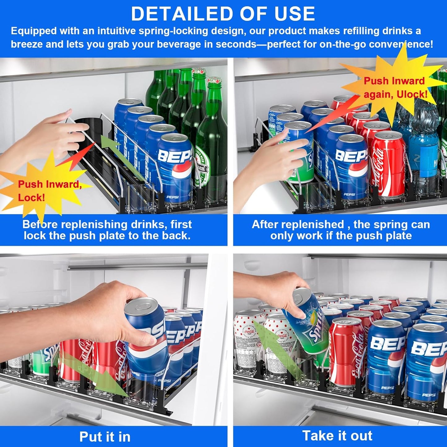 6 Rows Black Drink Organizer for Fridge, 3rd Gen Refrigerator Organizers and Storage, Automatic Pusher Glide and Adjustable Width Can Organizer for Refrigerator - Holds up to 30 Cans