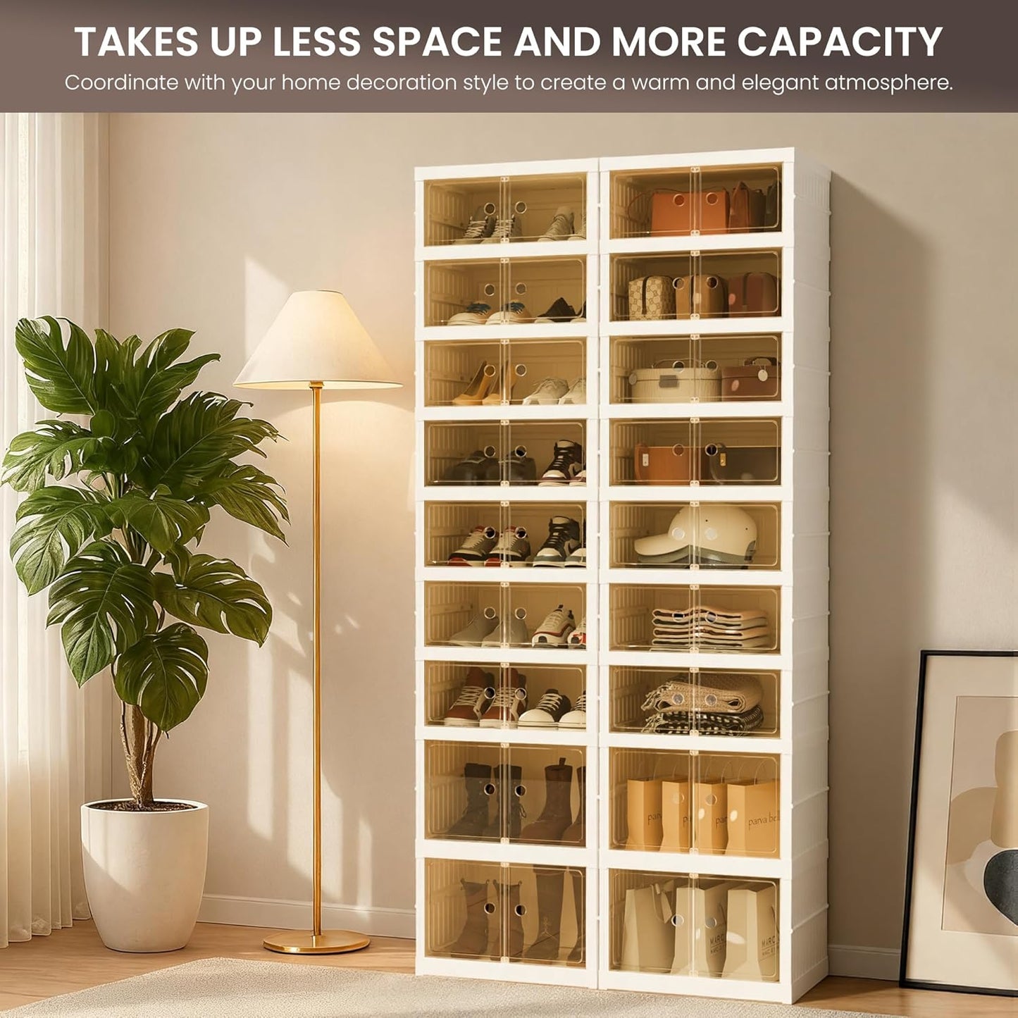 Foldable Shoe Organizer Storage Box, Portable Extra Large Folding Shoe Rack for Closet, Shoe Storage Box with Magnetic Transparent Door and Wheels, 9 Layers 18 Grids with 4 Big Grids