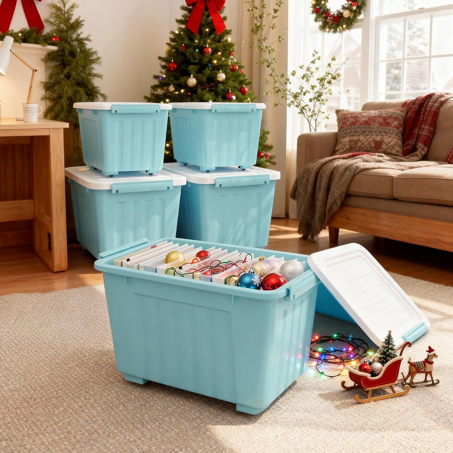 Nazhura 97 Quart Plastic Storage Bin, Blue Stackable and Nestable Storage Boxes with White Lids and Secure Latching Buckles, Large Storage Container, 97 Qt-4 Pack (Blue, 97Quart-4Pack)