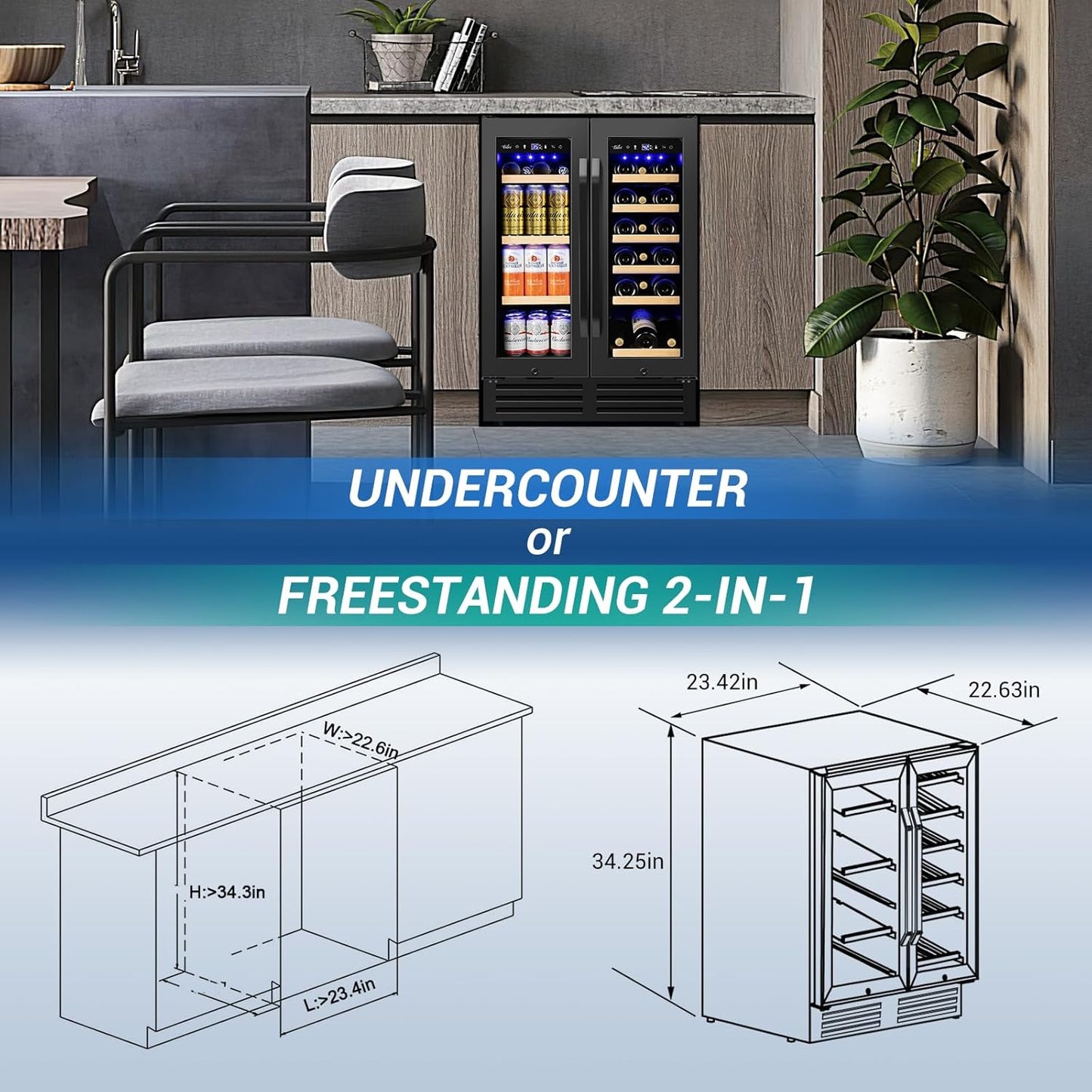 24" Black Dual Zone Wine & Beverage Refrigerator | Under Counter Built-In or Freestanding | 18 Bottles & 68 Cans | Glass Door with Lock Large Capacity for Beer Wine Soda Drinks