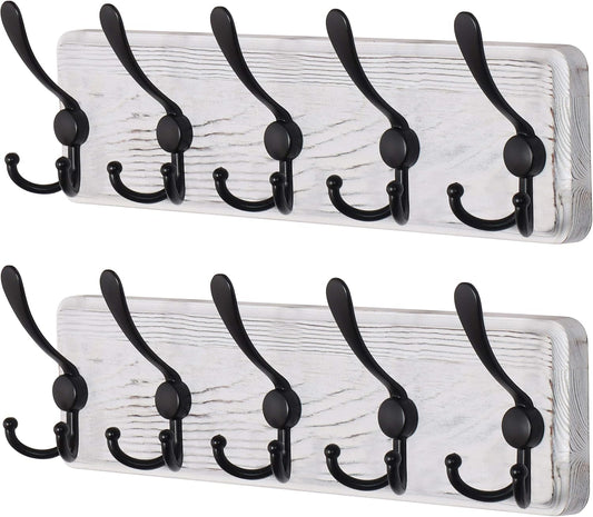 Dseap Coat Rack Wall Mounted - 5 Tri Hooks, Heavy Duty, Wooden Wall Coat Hanger Coat Hook for Clothes Hat Jacket Clothing, White & Black, Pack of 2