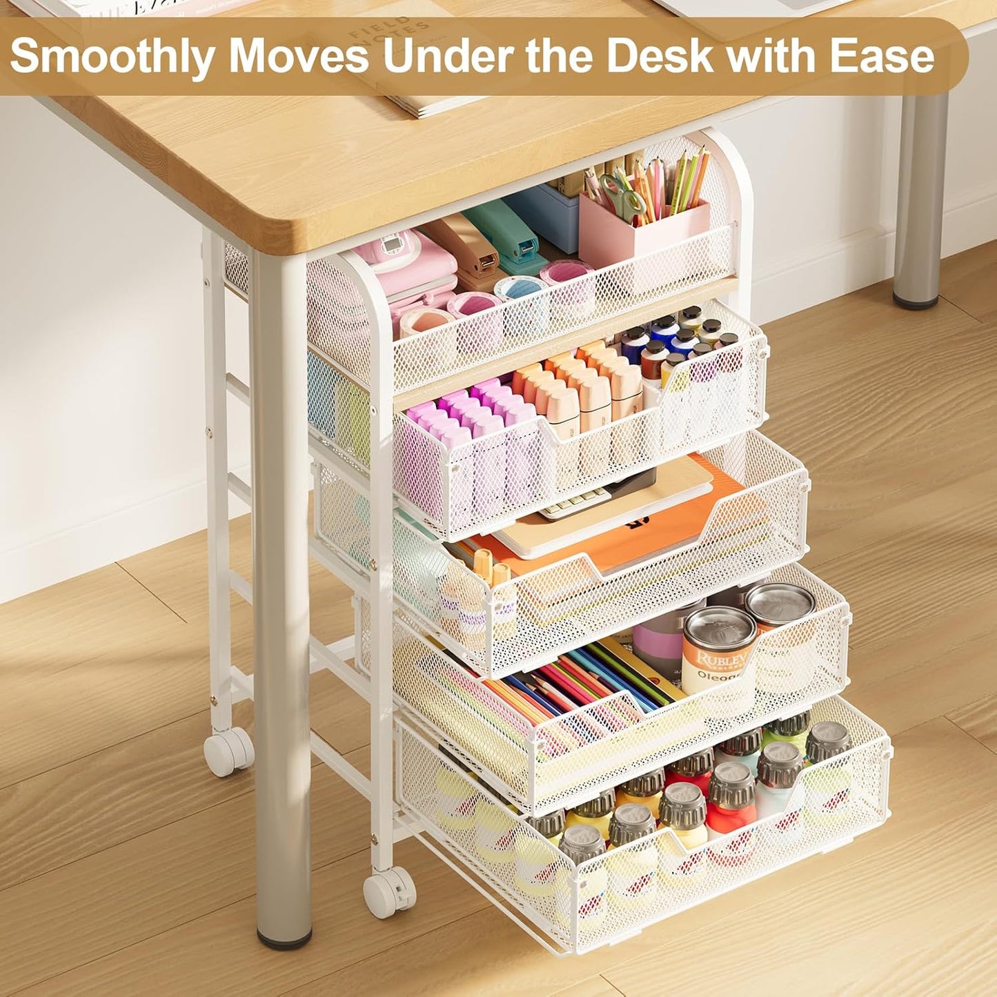 5-Tier Craft Organizer Cart with Wheels,Craft Organizers and Storage with Drawers,Lockable Wheels Rolling Utility Cart with DIY Divider,Office Supply Organizer,Ideal for Studio,Office,Bedroom,White