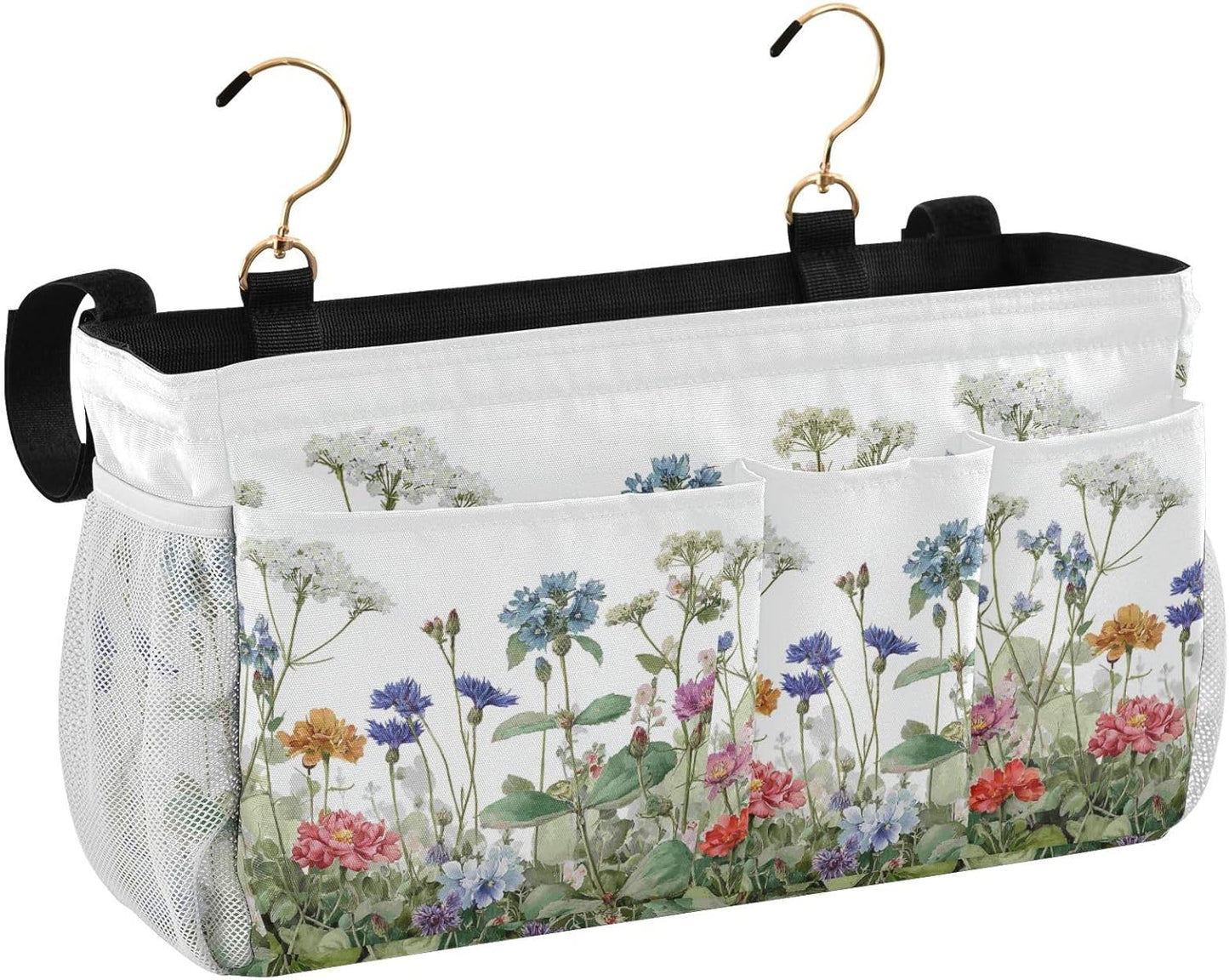Wildflower Bloom Blue Bedside Caddy for Dorm Bed Bedside Hanging Caddy Bag Iron Frame Storage Organizer Pocket for Bunk Home College Hospital Beds 2 Hooks