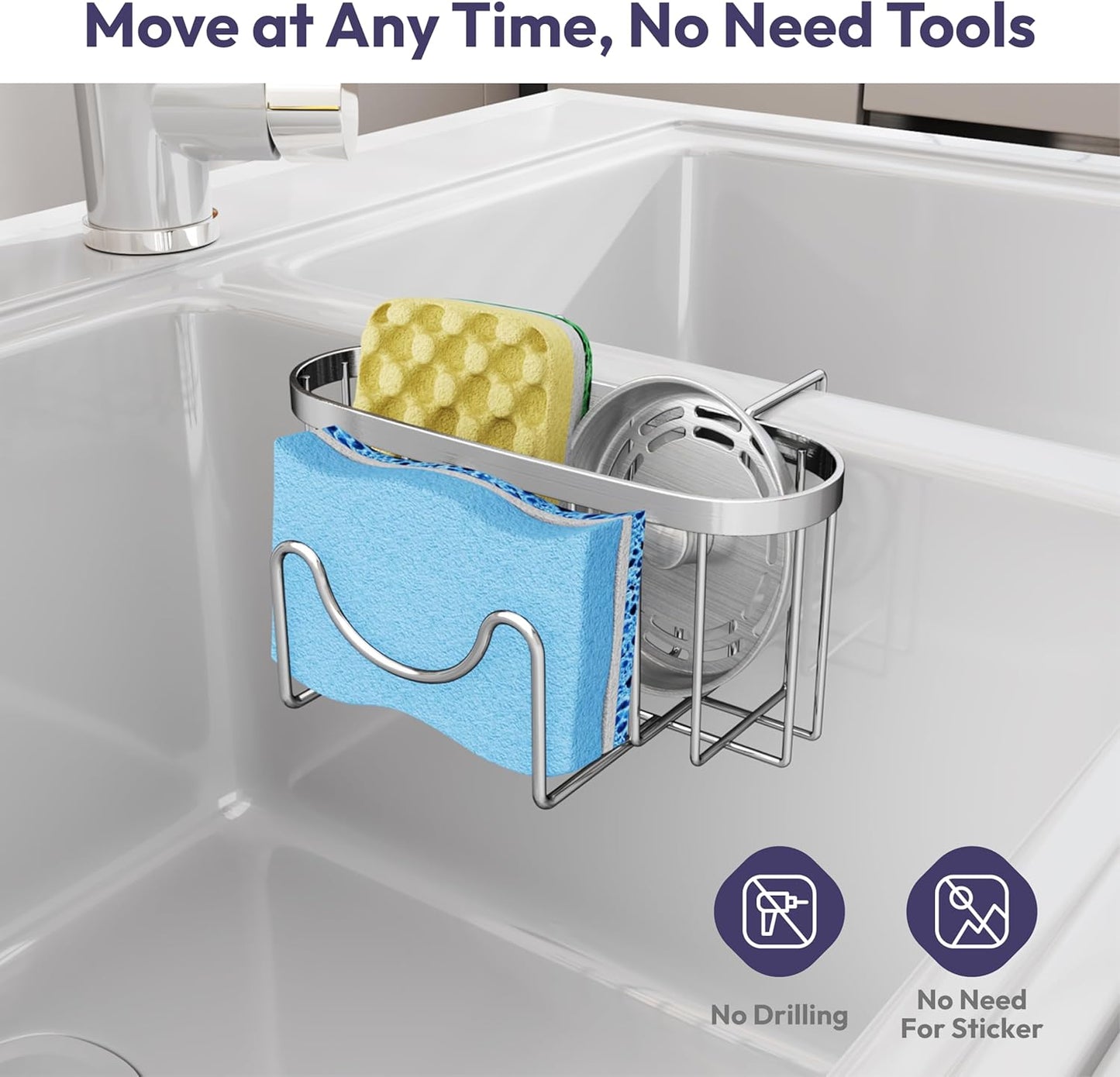 SWTYMIKI Sponge Holder for Kitchen Sink - Movable Kitchen Caddy with M Shape Hook, Stainless Steel Hanging Sponge Caddy for Sponges, Brush, Stopper Organizer in Double Bowl Sink, Silver