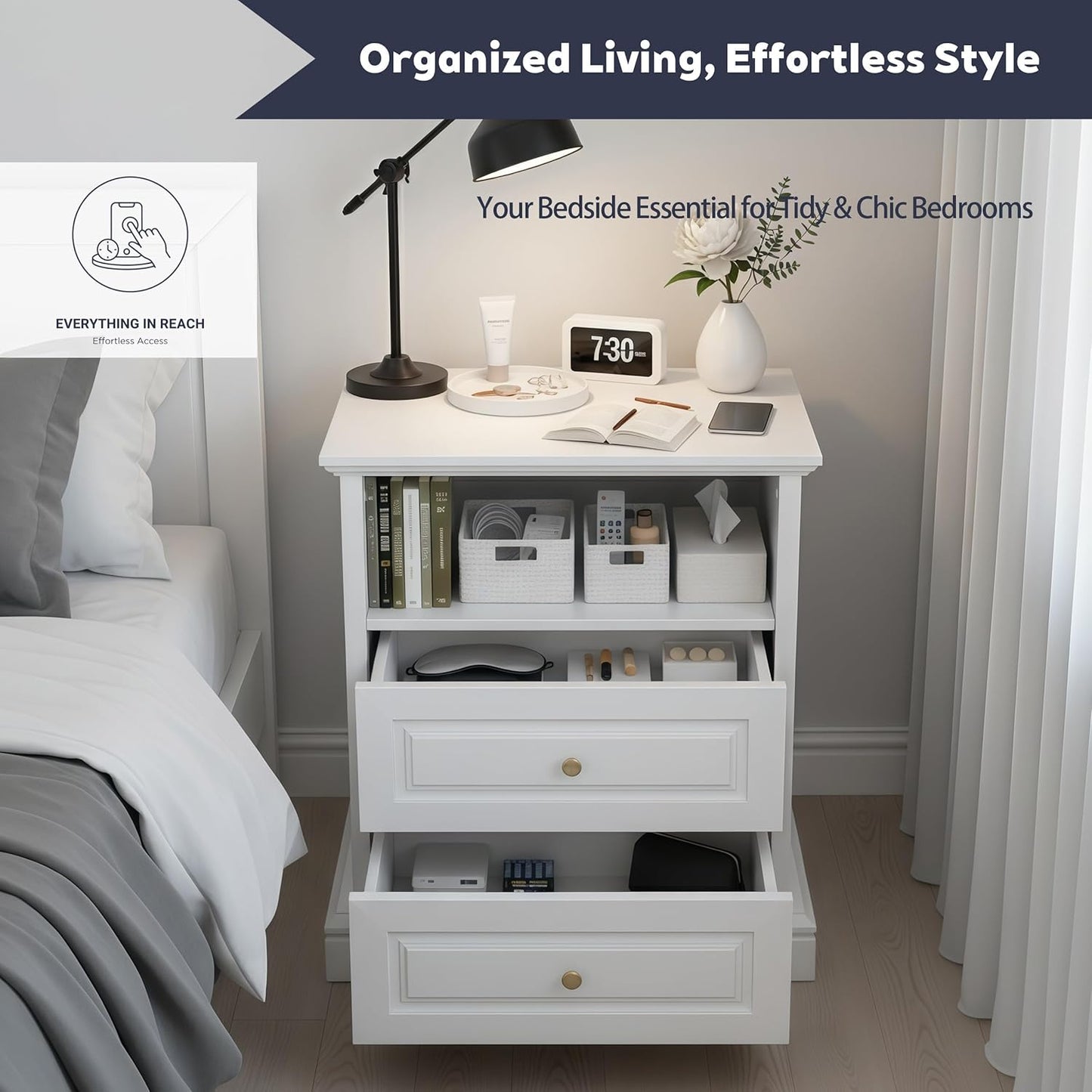 2-Pack White Nightstand with 2 Drawers & Open Shelf, 21.2"x16.5"x24.0" Bedside Table with Gold Knobs, Modern End Table for Bedroom Living Room