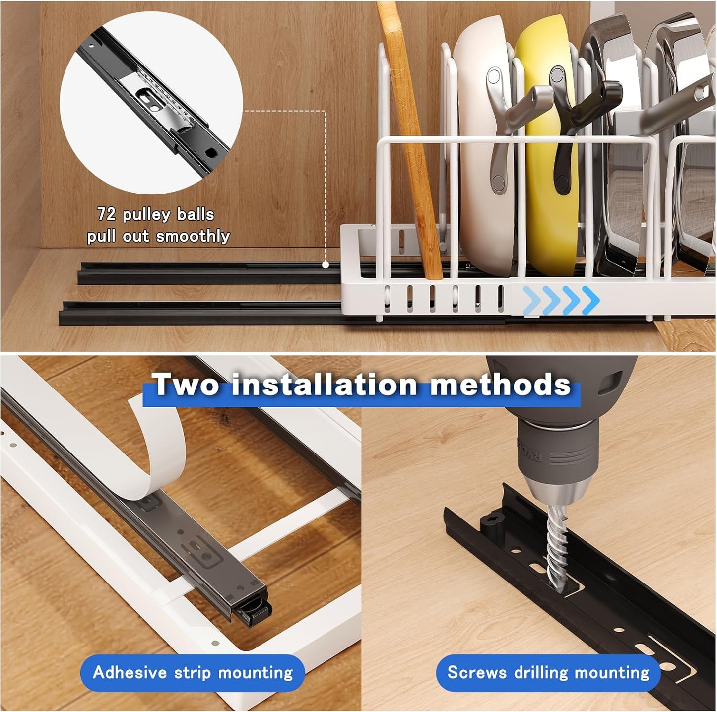 2 Pack Pots and Pans Organizer Under Cabinet, 21.6" Deep Pull Out Pot Lid Organizer Holder with Guardrail Adhesive Pot and Pan Holder Rack with 10 Adjustable Dividers(White)