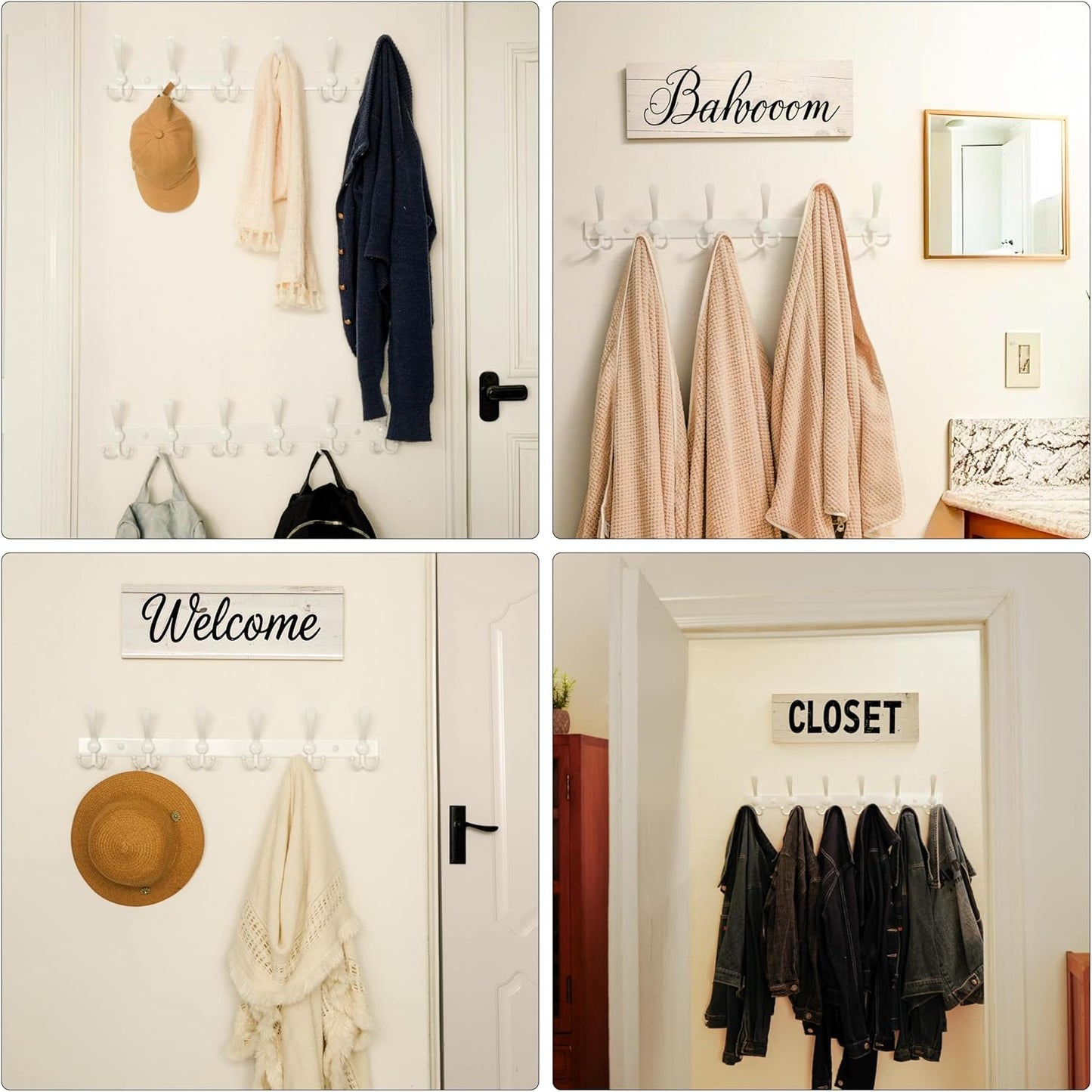Dseap Coat Rack Wall Mount 2.0 Pro: 24” Long, 3X Tougher, Heavy Duty Stainless Steel Wall Coat Hanger with 6 Tri Hooks for Clothes Jackets Hats Entryway Closet, White, Pack of 2
