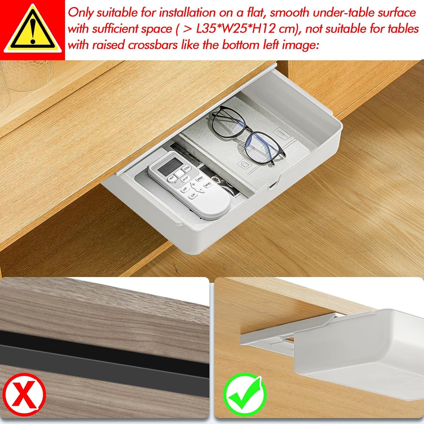 Poeland Under Desk Drawer Self-Stick Storage Organizer for Office Home School Large Size White 2 Pack