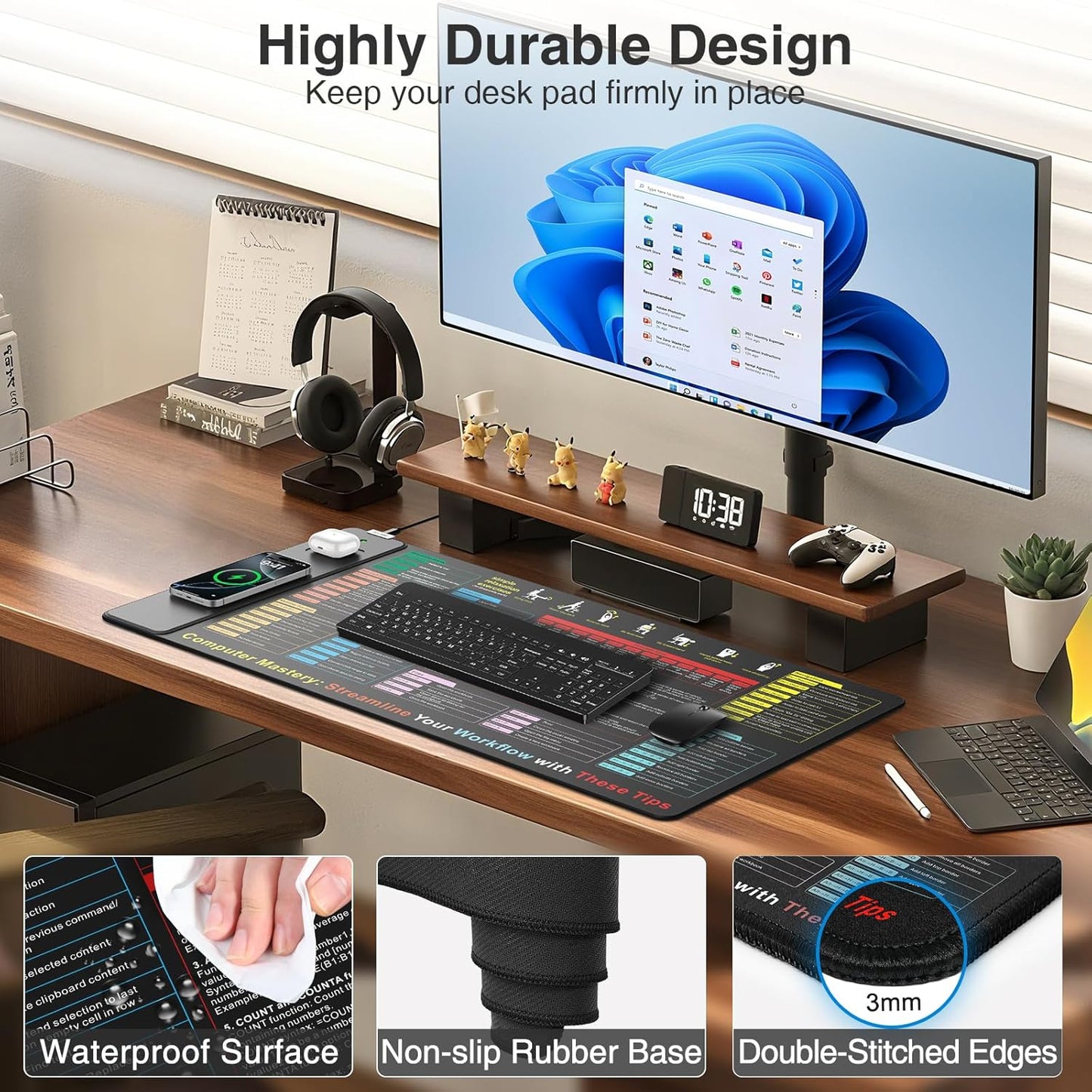 Excel Cheat Sheet Mouse Pad with Wireless Charging, 31.5"x15.8" Extended Excel Shortcuts Desk Pad, Waterproof Ultra-Smooth Keyboard Mat, Non-Slip Base