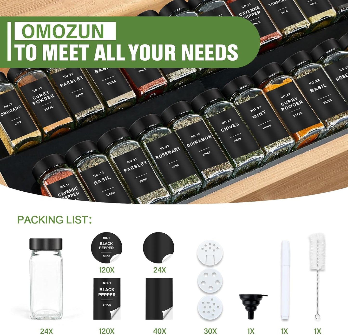 Spice Jars with Label, 24pcs 4oz Glass Spice Jars with Black Lids, Square Spice Containers with 304 Labels and Shaker Inserts, Empty Seasoning Bottles for Drawer, Cabinet, Seasoning Organizer