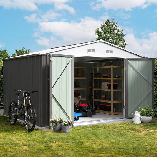 Furniwell 10x10 FT Outdoor Storage Shed, Metal Garden Sheds Outdoor Storage House with Single Lockable Door for Backyard Patio Lawn, Gray