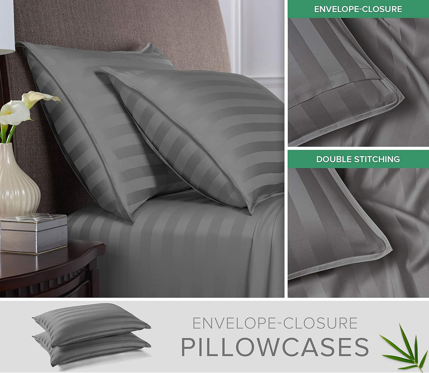 King Pillowcases by Pure Bamboo, Genuine 100% Organic Viscose Derived from Bamboo, Luxuriously Soft & Cooling, Double Stitching, Envelope Closure (2 King Pillowcases, Jacquard Stone)