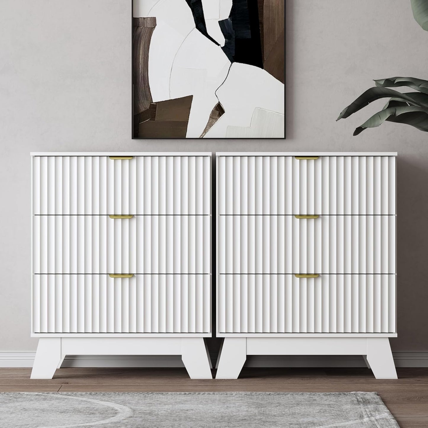 White Night Stand with 3 Drawers, Bedside Table & End Table, 24" Wide Mid Century Modern Fluted Wood Nightstand with Metal Handles, Farmhouse Night Stands for Bedroom