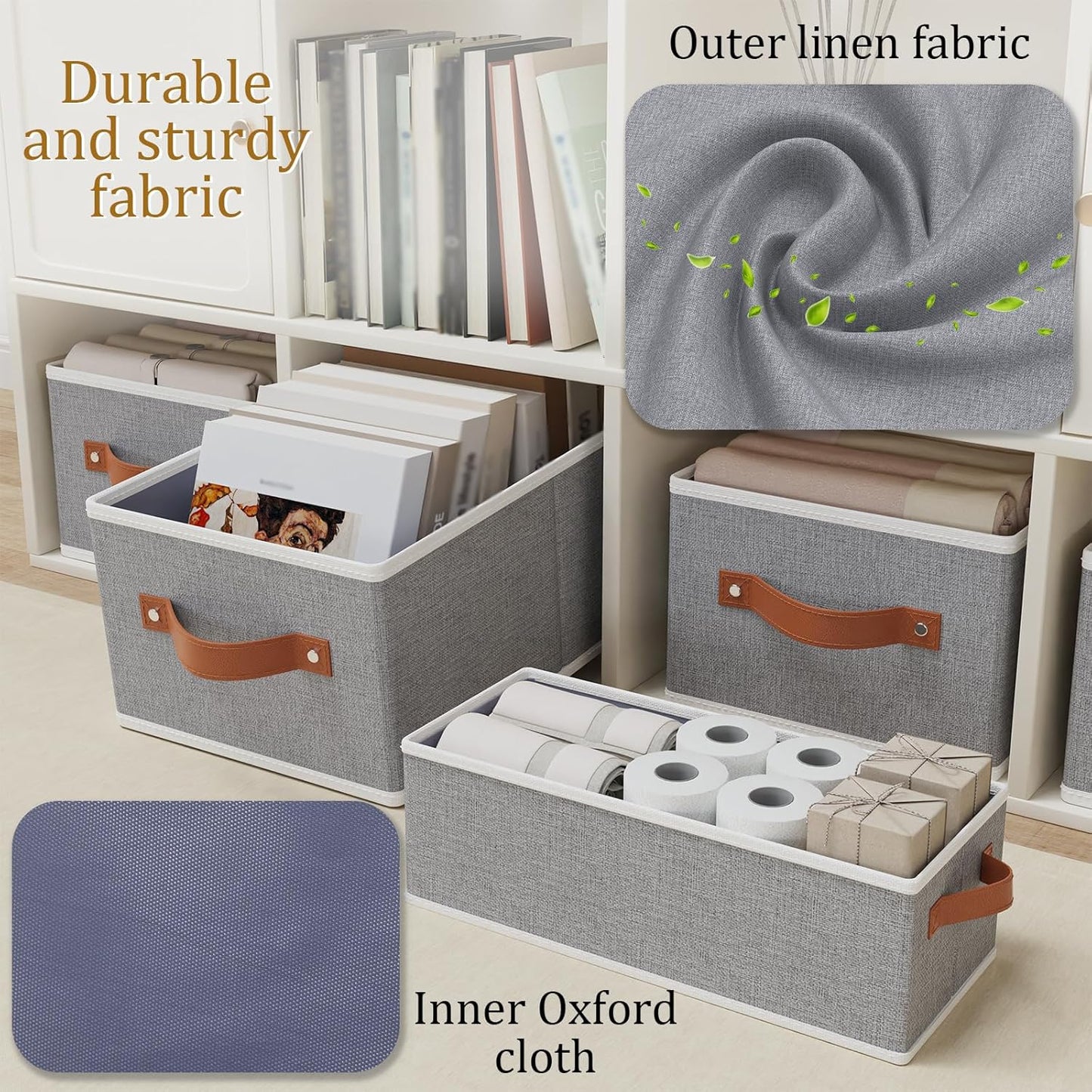 OUTBROS Storage Bins, Foldable Baskets for Organizing, Fabric Boxes With Handles, For bedrooms, living rooms, Shelves, Grey, 15 x 6.1 x 5.1 inch, 6-Pack