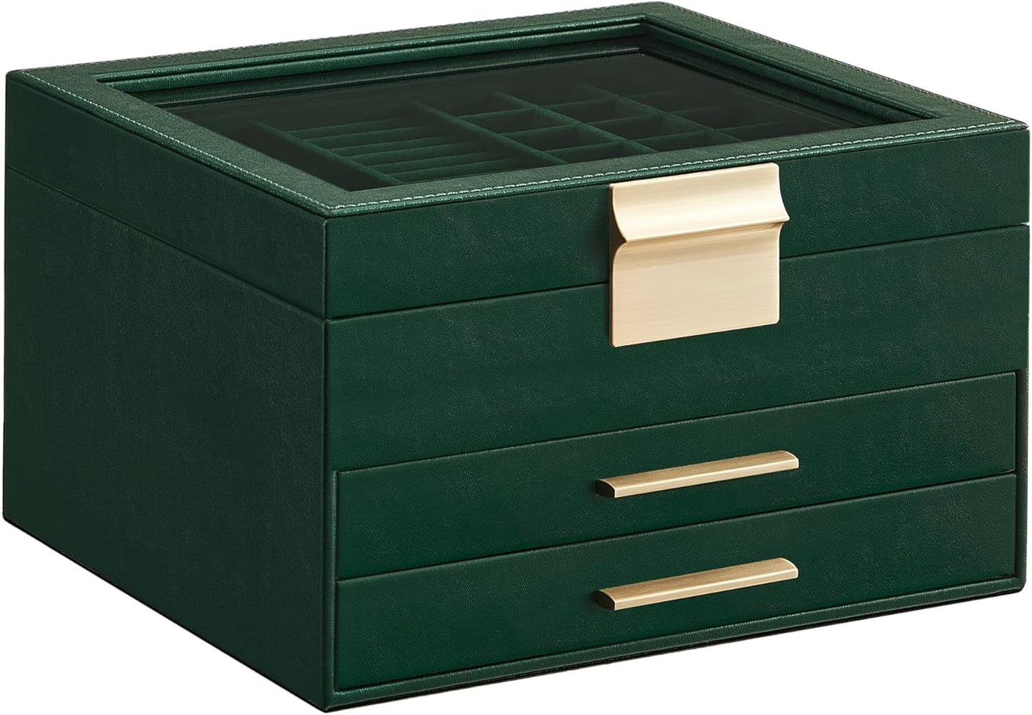 SONGMICS Jewelry Box Organizer with Glass Lid, 3-Layer Jewelry Storage, with 2 Drawers, Modern Style, Christmas Gift, 8 x 9.1 x 5.3 Inches, Forest Green and Gold Color UJBC239C01