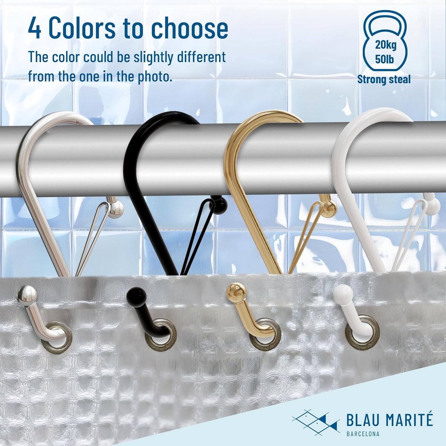 Set of 12 Silver Metal S Hook Shower Hooks 1” – Closed, Heavy Duty, Long Decorative Shower Curtain Hooks, Easy Glide, Buckle, Large Rust Resistant Rings for Bathroom Rods (Silver, S)
