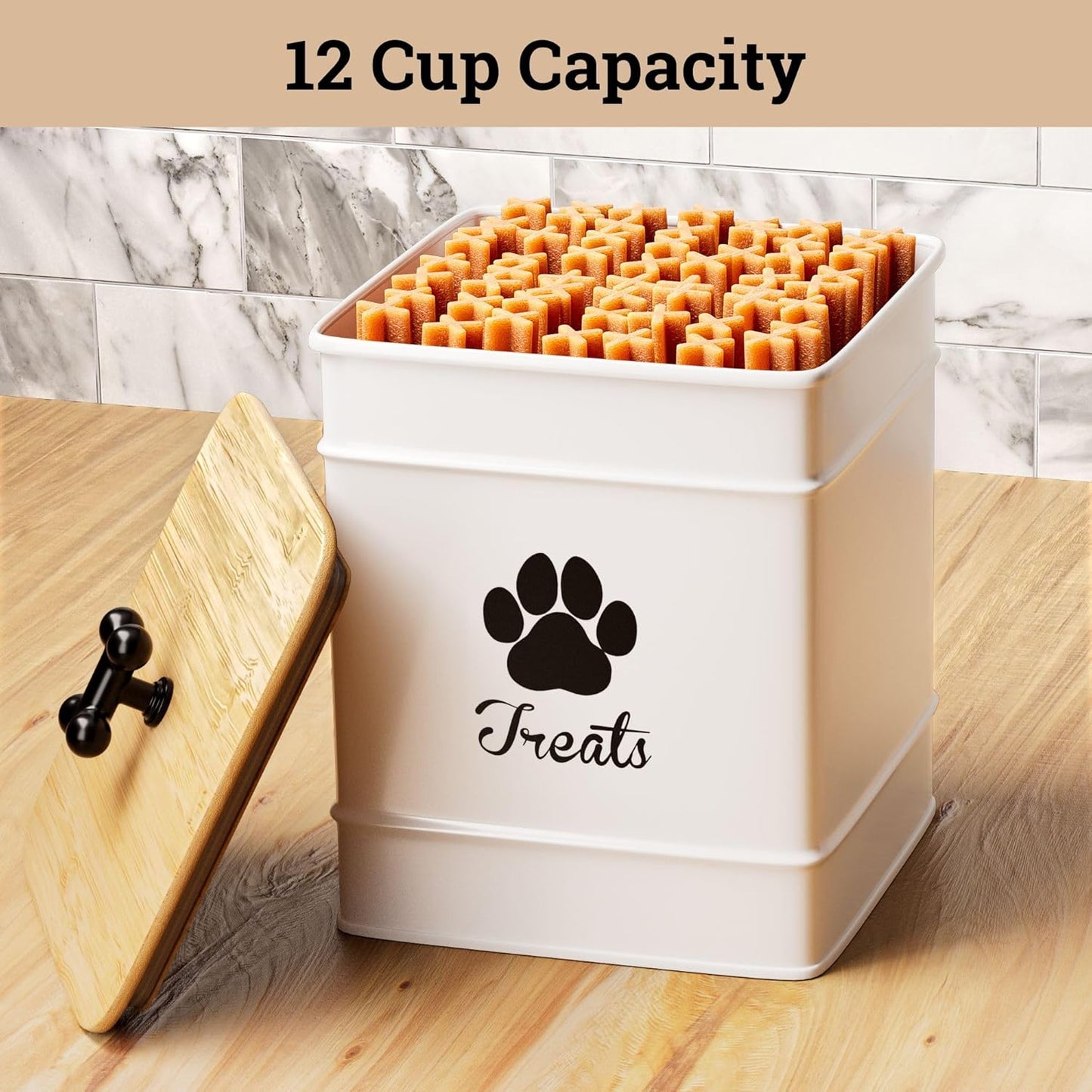 Dog Treat Container Airtight - 6 Inch Wide x 8 Inch Tall Iron Dog Treat Jar for Kitchen Counter with Airtight Bamboo Lid - 12 Cup Capacity Pet Treat Container - Doggie Cookie Jar - Big Treats Canister