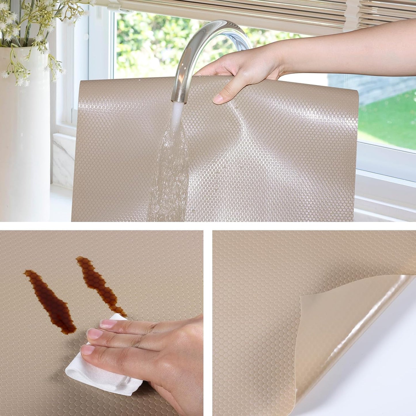 Beige Shelf Liners for Kitchen Cabinets Non Adhesive Drawer Liner for Bathroom Waterproof Refrigerator Liners for Shelves Fridge Plastic Mats Cabinet Cupboard Liner 11.8 x 236.2 Inches x 2 Rolls