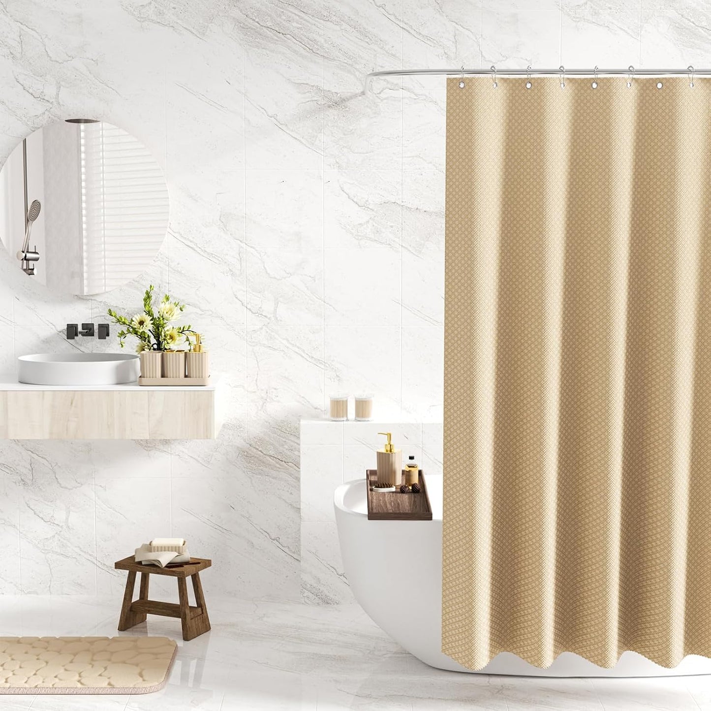 Bathroom Accessories Set - 25PC Bathroom Sets with Shower Curtain and Rugs, Beige Bathroom Accessories with Trash Can, Soap Dispenser, Soap Dish & Toilet Brush