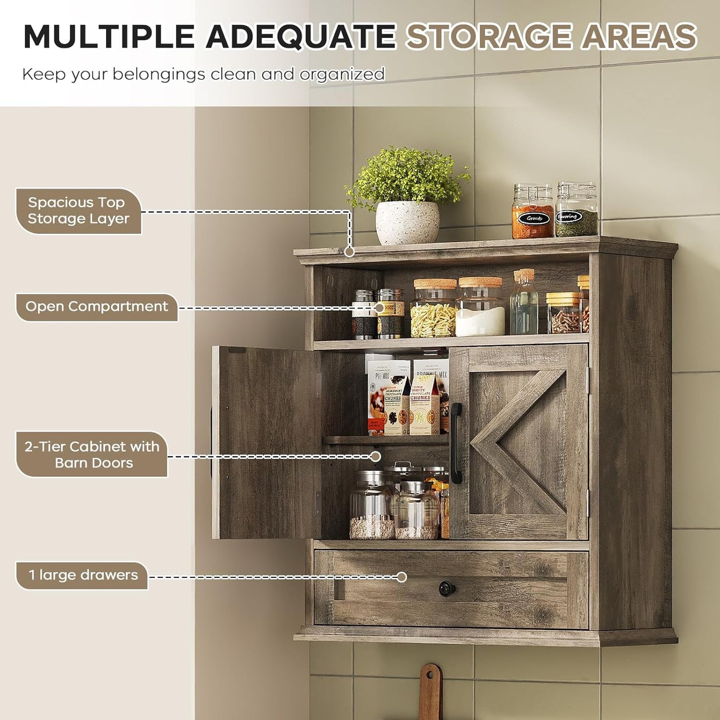 Bathroom Wall Cabinet, Wall Mounted Medicine Cabinet with Drawer, Barn Door & Adjustable Shelf, 24.4"H x 23.6"W x 9"D Grey Over Toilet Farmhouse Storage Cabinet for Kitchen, Laundry, Entryway
