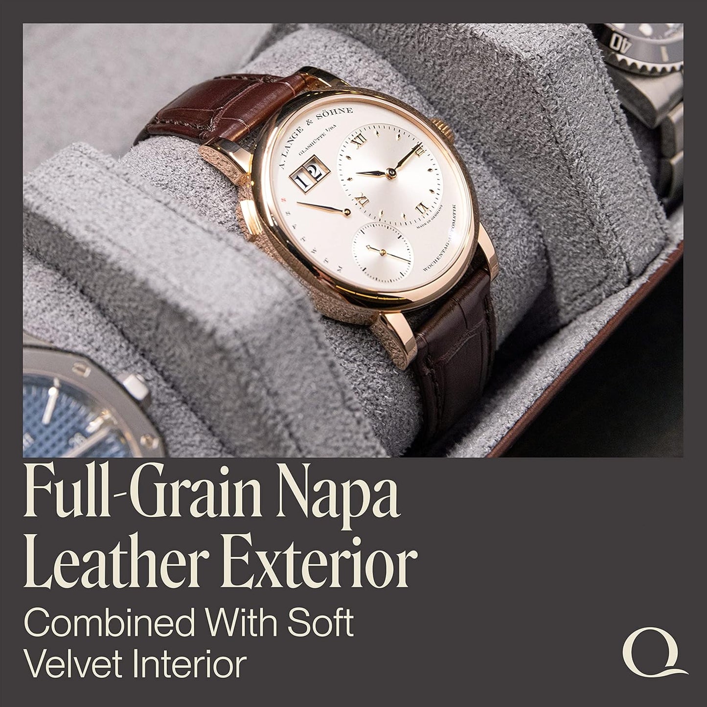 QWATCHBANDS Napa Leather Watch Rolls for Men - Hexagon Triple Watch Roll Travel Case for 3 Watches - Storage Organizer Genuine Leather with Velvet Interior Display (Brown/Gray)