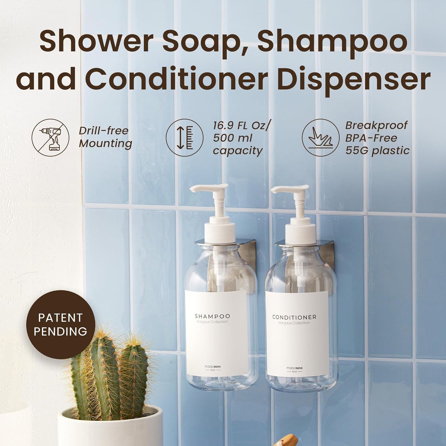 MaisoNovo Shampoo and Conditioner Dispenser - Shower Soap Dispenser Wall Mounted - 16.9 fl oz Set of 2 Clear Plastic Bottles White Pump - Shampoo Dispenser, Shower Dispenser 2 Chamber No Drill