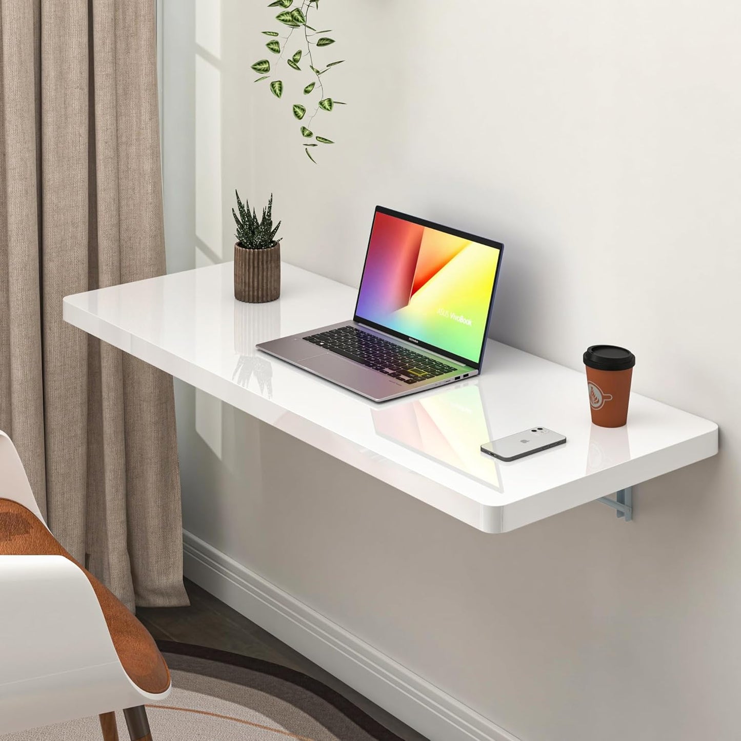 Clikuutory Wall Mounted High Gloss Folding Table 39.4" L x 19.7" W, Laundry Folding Table for Laundry Room, Home Office, Kitchen, Bedroom, Home Bar, Wall Desk Fold Down for Small Spaces, White
