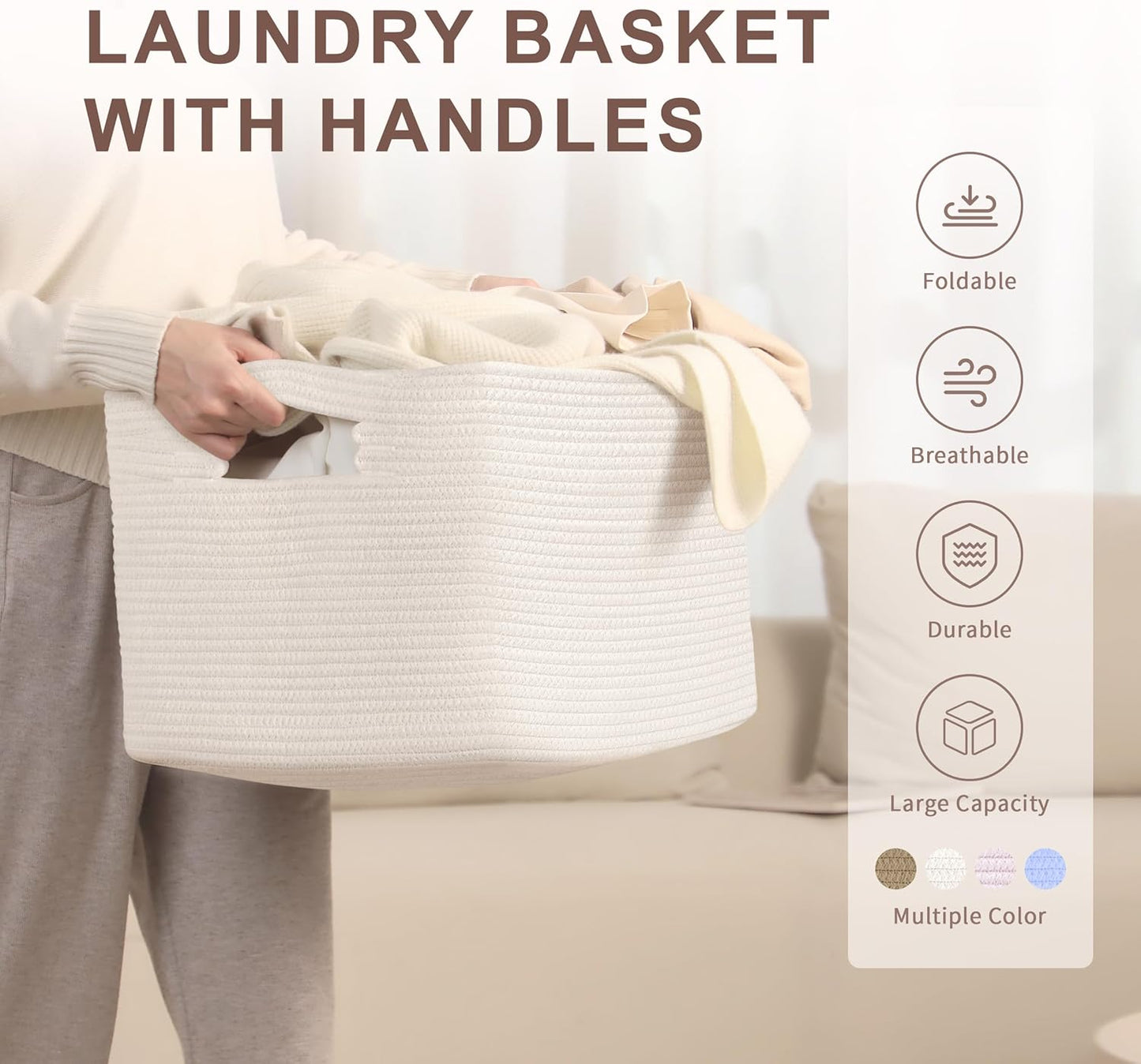 60L Small Baby Girls Laundry Basket for Nursery Storage,Cute Woven cotton Rope Baskets for Kids Toy，Gifts,Boho Square Wicker Blanket hamper for Living Room,Bedroom Dirty Clothes, White