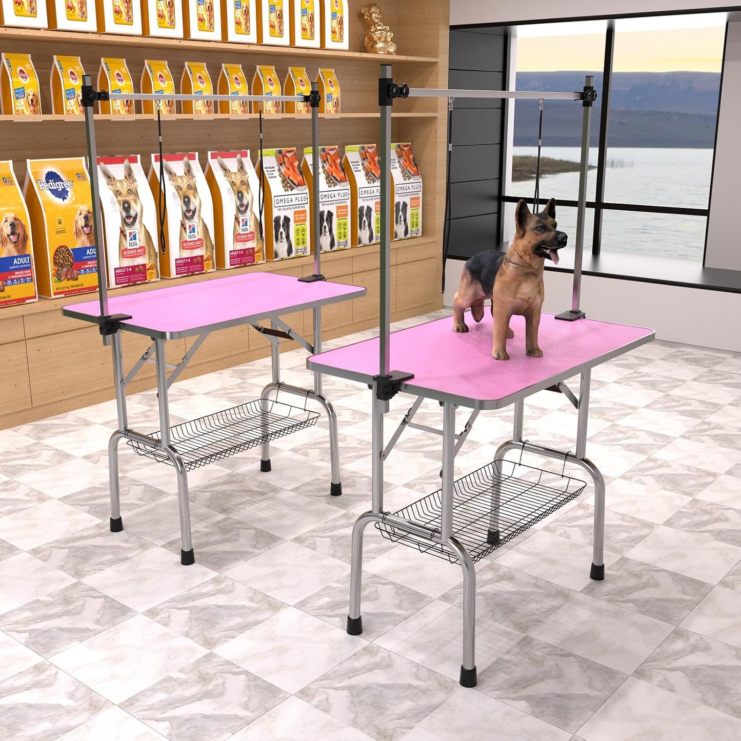 46" Dog Grooming Table Foldable Pet Grooming Tables with Adjustable Arm Noose Storage Mesh Tray Maximum Capacity Up to 330lbs Pink