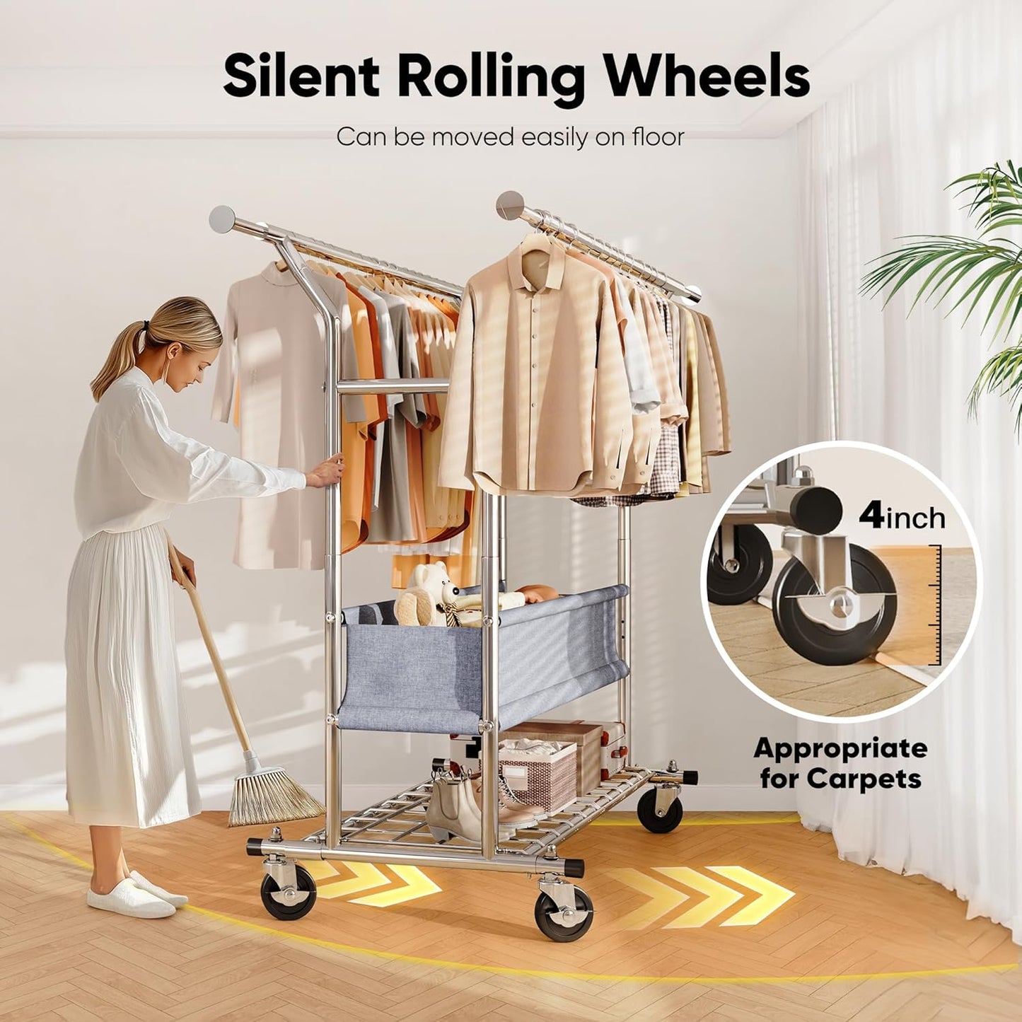 HOKEEPER Clothing Rack Heavy Duty Clothes Rack for Hanging Clothes Load 625LBS Extendable Double Rod Clothes Rack, Adjustable Rolling Garment Rack with Wheels, Basket & Shelves 71.2''W*23.6''D*68.5''H