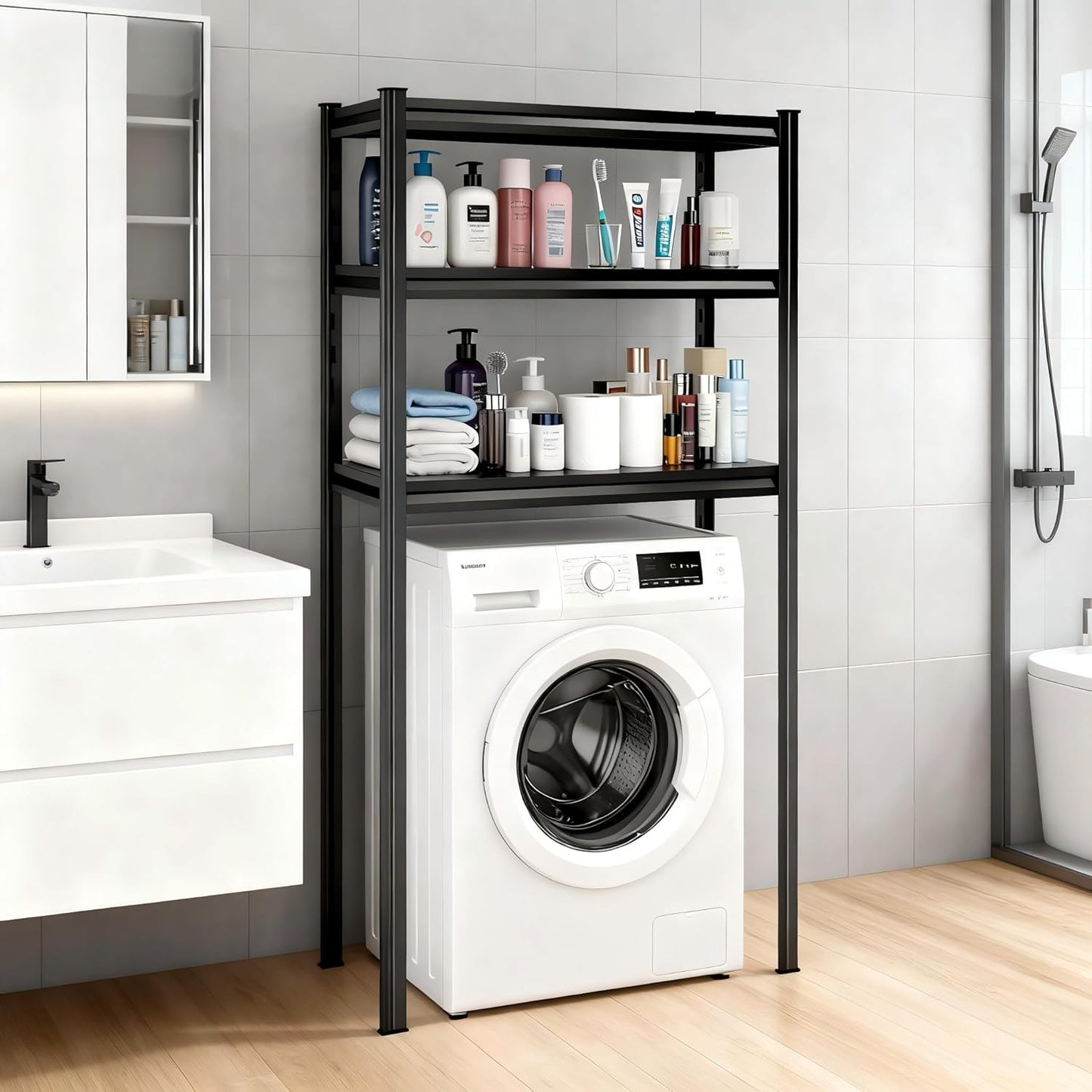 Height-Adjustable Bathroom & Laundry Storage Shelf, 3-Tier Metal Organizer Rack for Washer Dryer, Sturdy Shelving Unit for Bathroom Essentials, 63 x 31.5 x 15.7 Inches