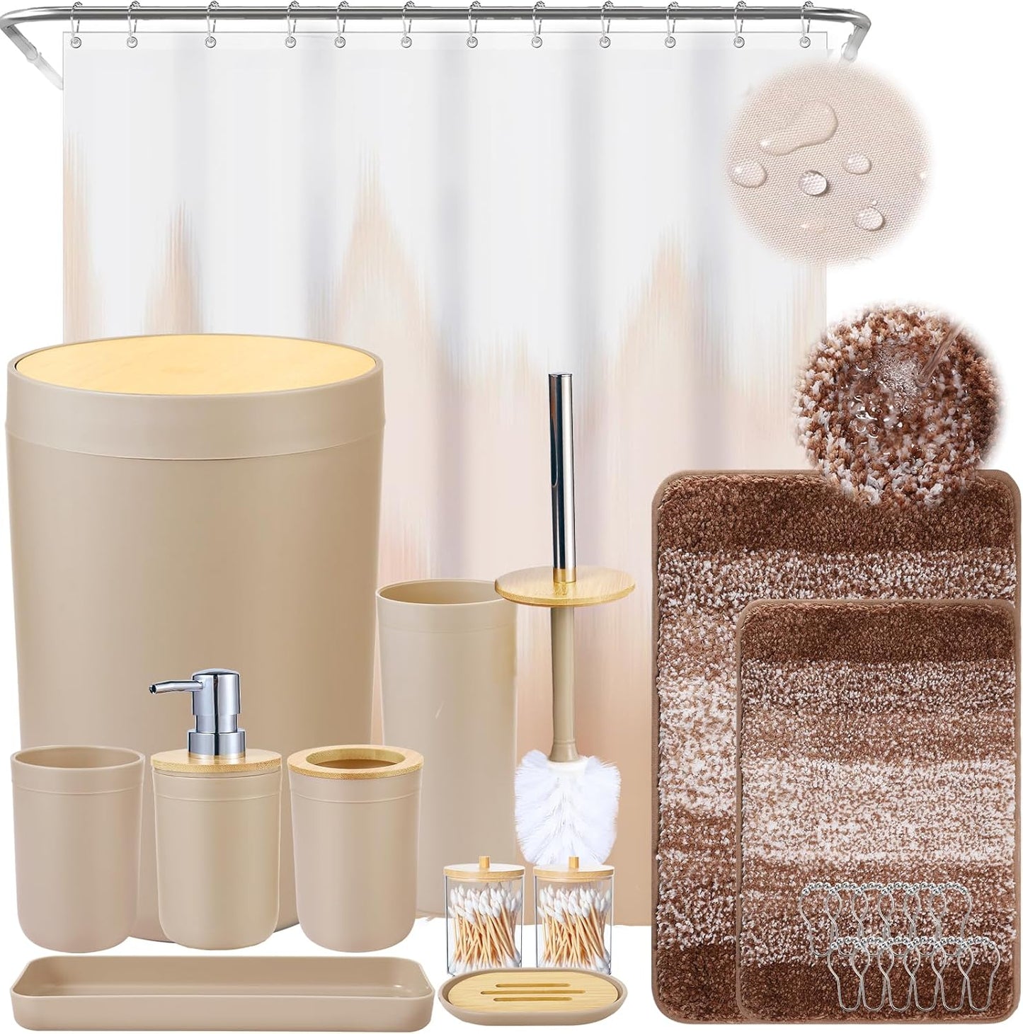 iMucci Bathroom Accessories Beige Bathroom Sets with Shower Curtain and Rug, Beige Ombre Waterproof Shower Curtain with Ultra Absorbent Rug Bathroom Accessories Set for Home Decor