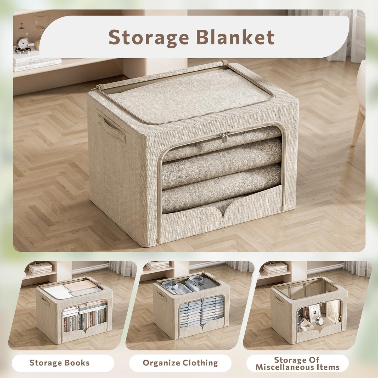 FHSQX 3 Pack Clothes Storage Bins - Foldable Metal Frame Storage Box - Stackable Linen Fabric Container Organizer Set with Carrying Handles and Clear Window (Beige, 19.7x15.7x13inch(66L))