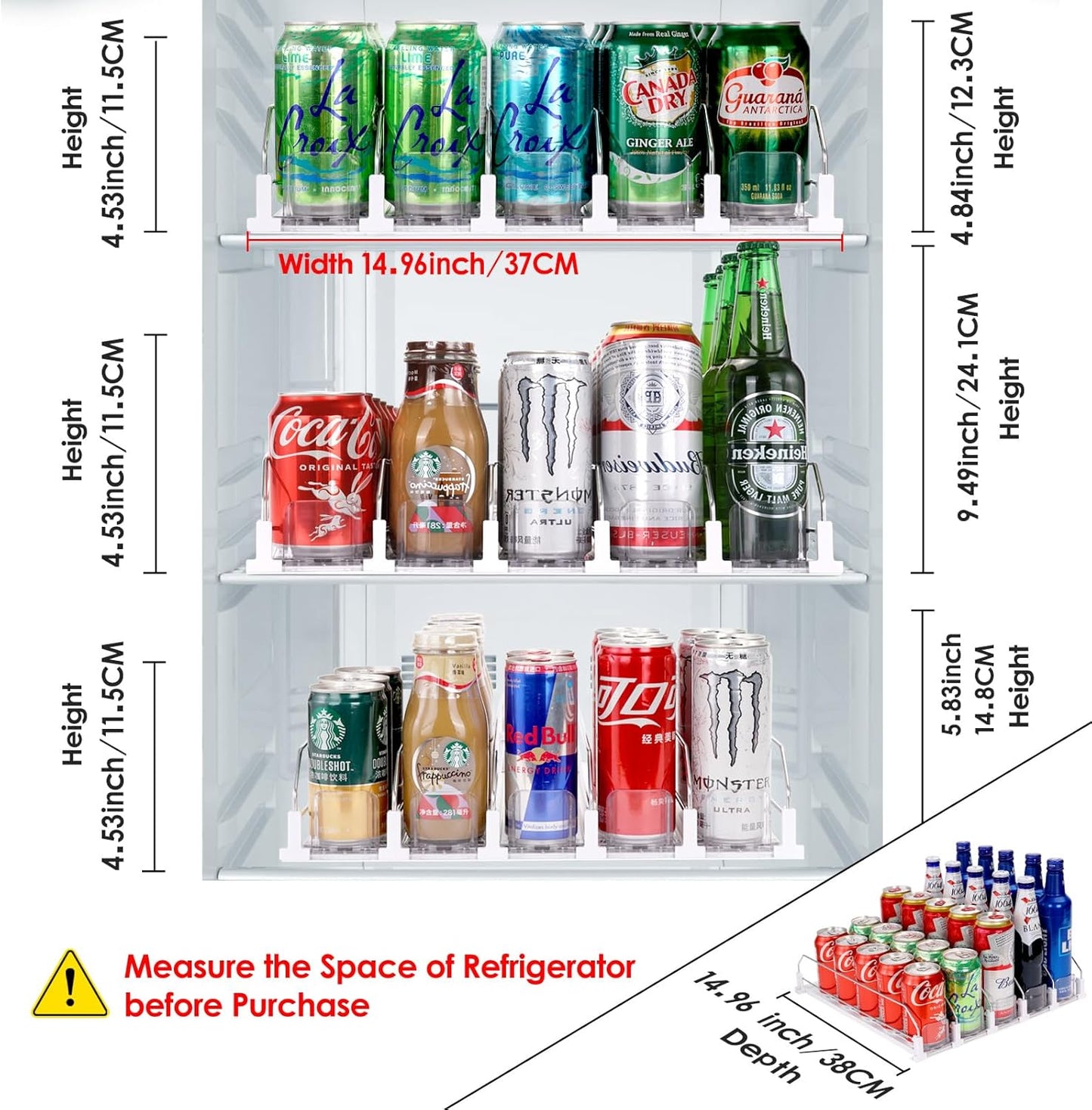 Drink Dispenser for Refrigerator, Self-Pushing Soda Can Organizer for Fridge, 5 Rows already Assembled, Automatic Can Dispenser with Spring Loaded for Refrigerator Holds 25 cans, White