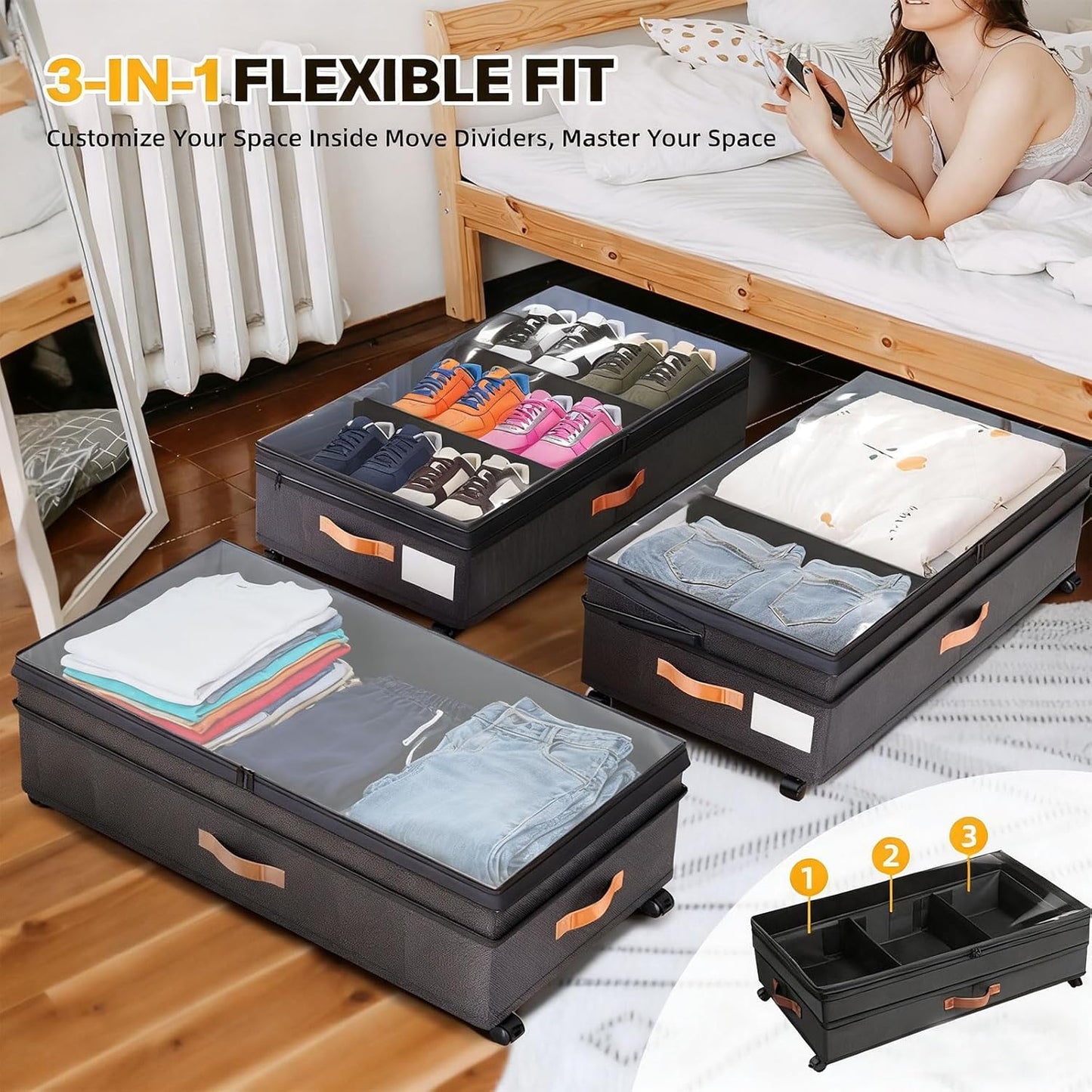 Under Bed Storage with Wheels, 2 Packs XXL Underbed Organizer with Lid, 10'' Adjustable Height Shoes Containers Clothes Rolling Bin for Bedroom Dorm, Grey