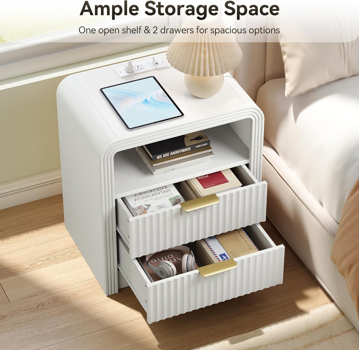 Fluted Nightstand with Charging Station, 19.7'' Wide Morden End Table with USB/Type-C Ports, 2 Drawers & Open Shelf, Curved Profile Design, Wood Bedside Table for Bedroom (White)