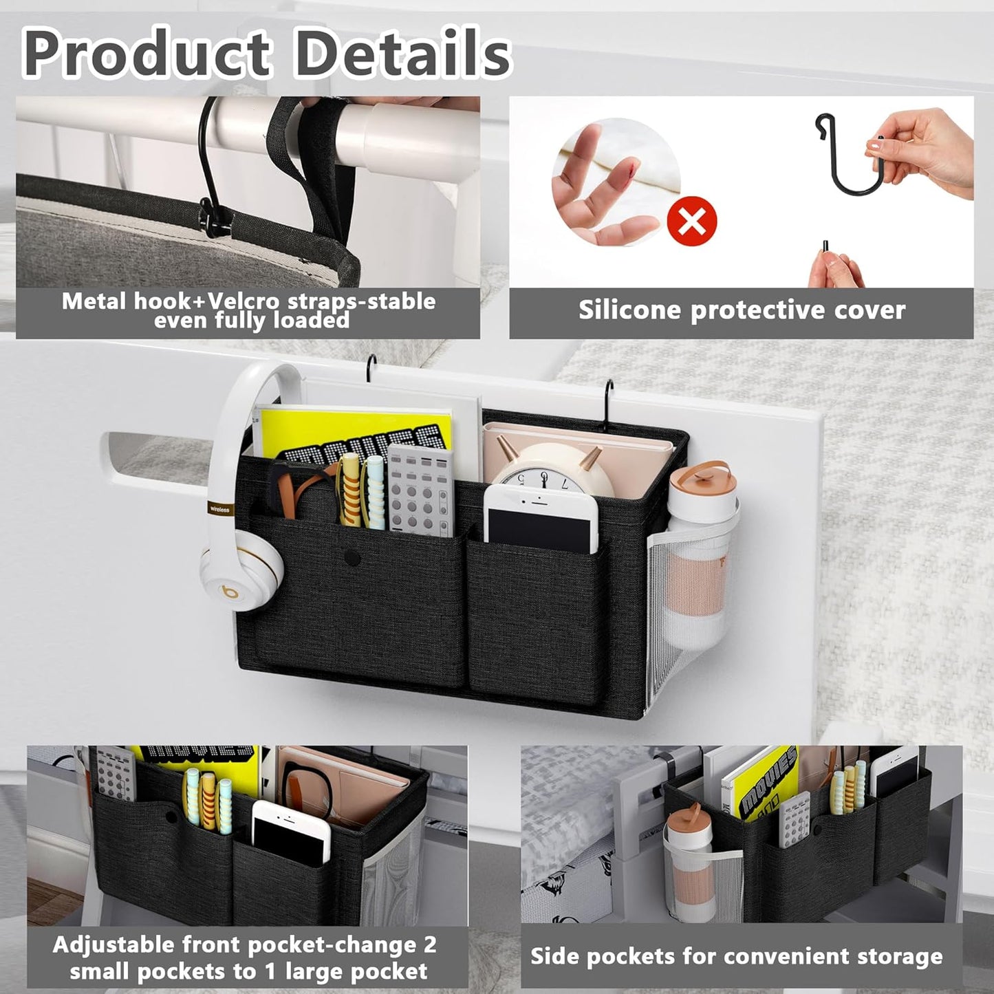 Bedside Caddy Bedside Organizer with Fixed Straps & Water Bottle Holder, Bunk Bed Caddy ideal for Home, Dorm, Hospital, Crib, Versatile Bedside Storage Solution (Black)