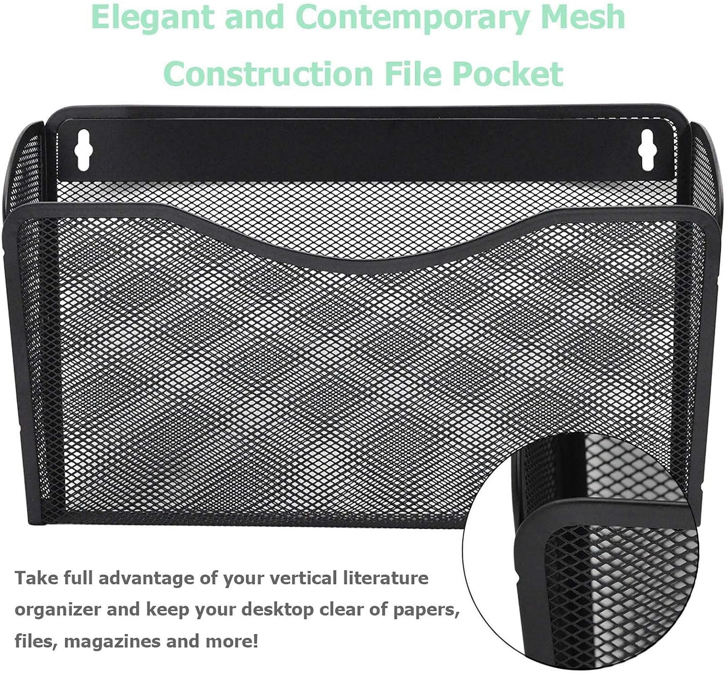 EASEPRES 6 Single Pocket Mesh Hanging File Organizer, Vertical Wall Mounted Magazine File Holder, Mount Basket Mail Paper Document Folder Organizing for Office, Home and School, Black